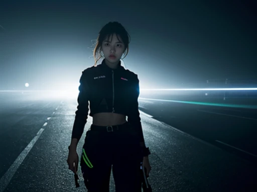 Envision a futuristic scene where a woman, clad in sleek, high-tech attire, stands in a dark and moody environment. The dimly lit surroundings highlight the advanced features of her attire, and a soft glow emanates from the sophisticated firearm she holds with a composed yet determined demeanor. Futuristic elements, such as holographic displays or neon accents, add to the ambiance of the scene, creating a captivating visual narrative of a technologically adept woman navigating a shadowy future with both confidence and vigilance.