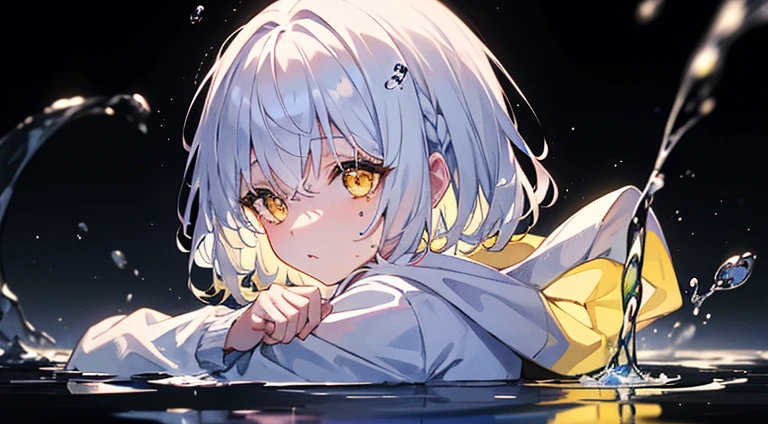 (masterpiece:1.2)、(top-quality)、one girls、white hair、White hoodie、(yellow eyes:1.3)、Works with a vivid texture、bobhair、liquid hair、water dripping、Eau、Manipulating water、looks to the side