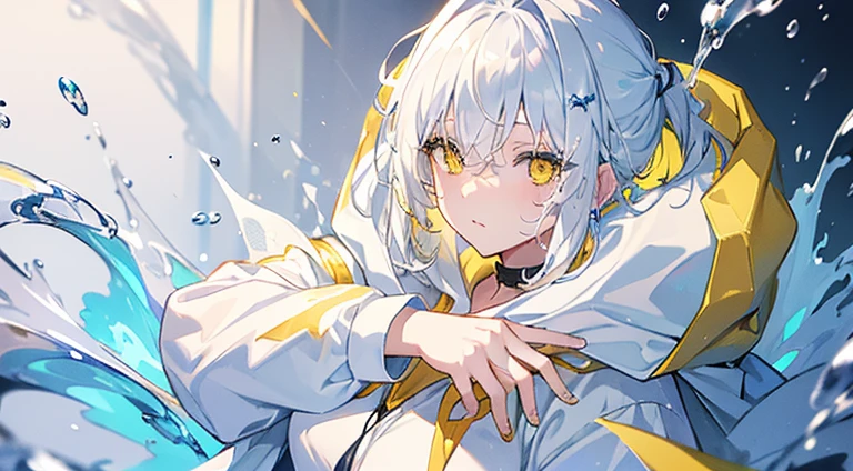 (masterpiece:1.2)、(top-quality)、one girls、white hair、White hoodie、(yellow eyes:1.3)、Works with a vivid texture、bobhair、liquid hair、water dripping、Eau、Manipulating water、looks to the side