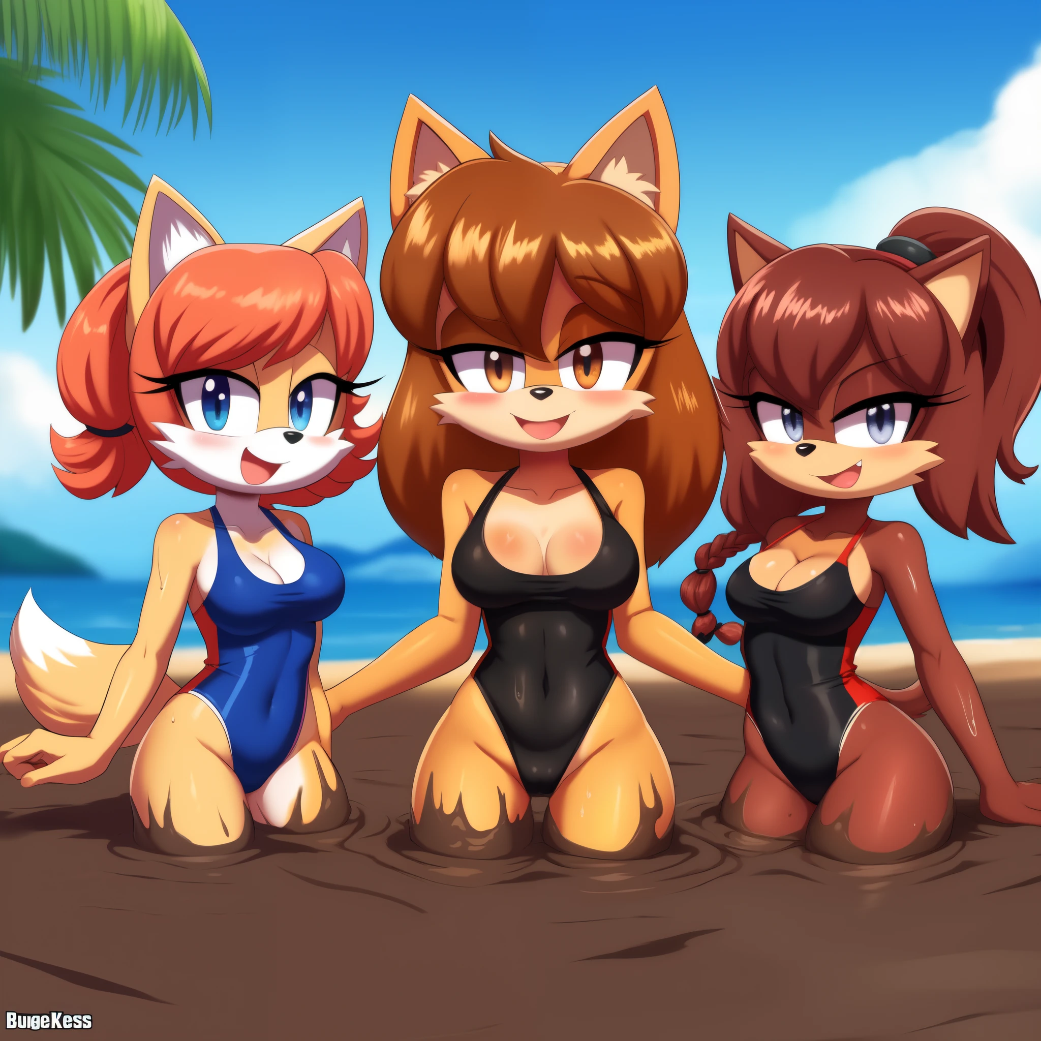 furry, fur, tail, anthro female, female furry, by burgerkiss, detailed fur, best quality, HD, full body, cameltoe, 5girls, 5 girls in beach, multiple subjects, group, team, adult female, group shot, fox girl, cocker spaniel girl, cat girl, squirrel girl, hedgehog girl, wolf girl, adult, adult breasts, breasts, medium breasts, lesbian, yuri, group, multiple girls, wet, hot, standing, twintails, looking at viewer, front view, standing, long hair, bangs, standing, casual one-piece swimsuit, bikini, swimsuit, bang, cowboy shot, group shot, white one-piece swimsuit, clothing cutout, portrait, girls together, 5 girls covered in mud, sexy, full body, beach, sunset, curled hair, short hair, ponytails, braid, submerged, quicksand