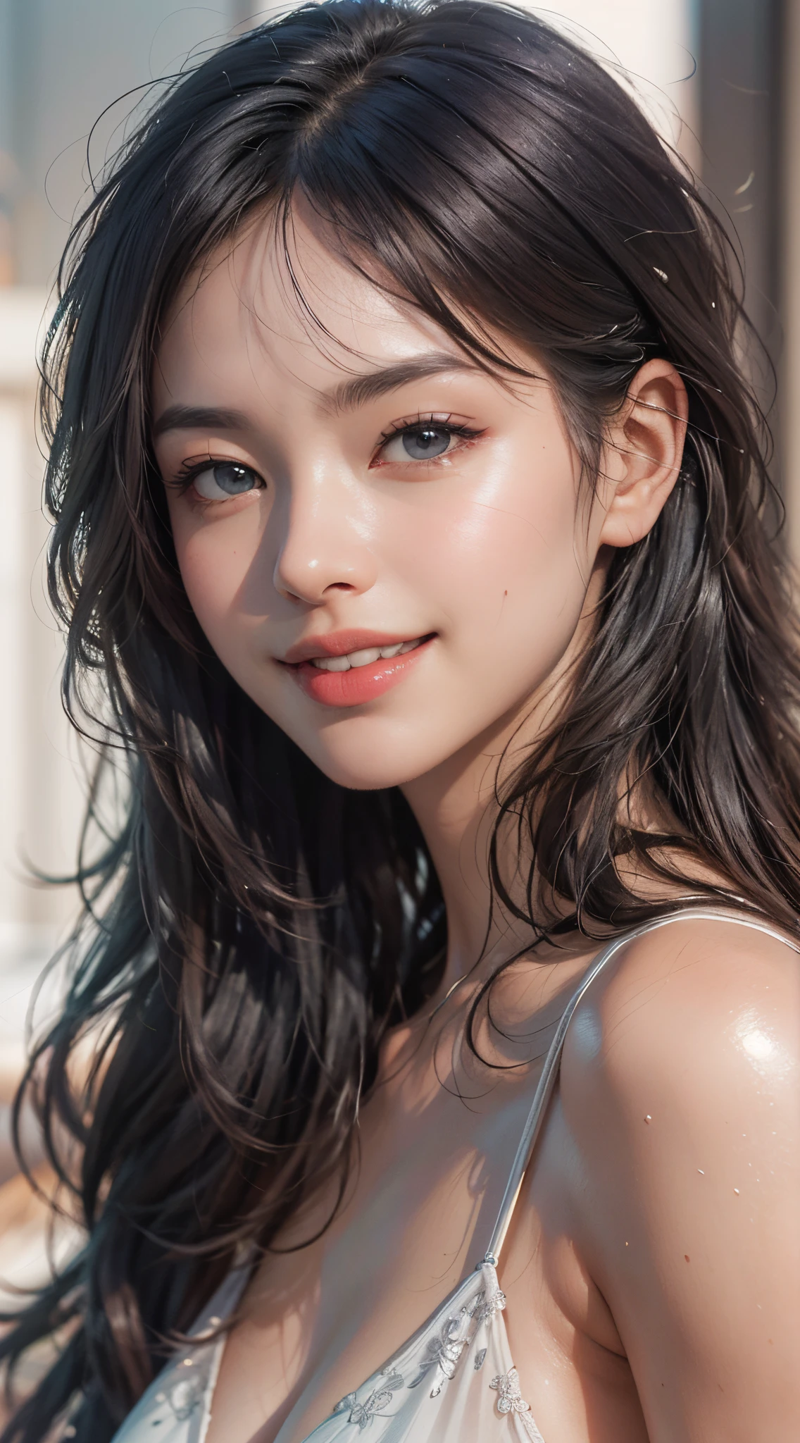 (ultra high res.photorealistic:.1.4,UHD), (best quality, 4k, 8k, high-res, masterpiece:1.2), ultra-detailed, (realistic, photorealistic, photo-realistic:1.37), (beautiful detailed eyes, beautiful detailed lips, extremely detailed eyes and face), studio lighting, physically-based rendering, vivid colors, (two-tone color, black & white), (portrait, shiny hair, shiny skin), (blurred background), (tilt your head to the side:1.5), (smile and laugh),