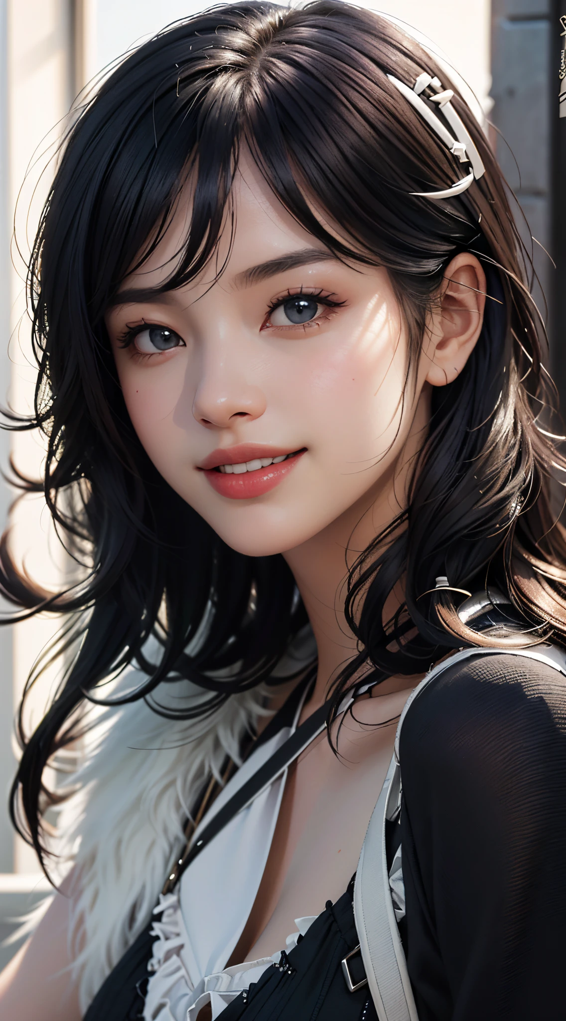 (ultra high res.photorealistic:.1.4,UHD), (best quality, 4k, 8k, high-res, masterpiece:1.2), ultra-detailed, (realistic, photorealistic, photo-realistic:1.37), (beautiful detailed eyes, beautiful detailed lips, extremely detailed eyes and face), studio lighting, physically-based rendering, vivid colors, (two-tone color, black & white), (portrait, shiny hair, shiny skin), (blurred background), (tilt your head to the side:1.5), (smile and laugh),