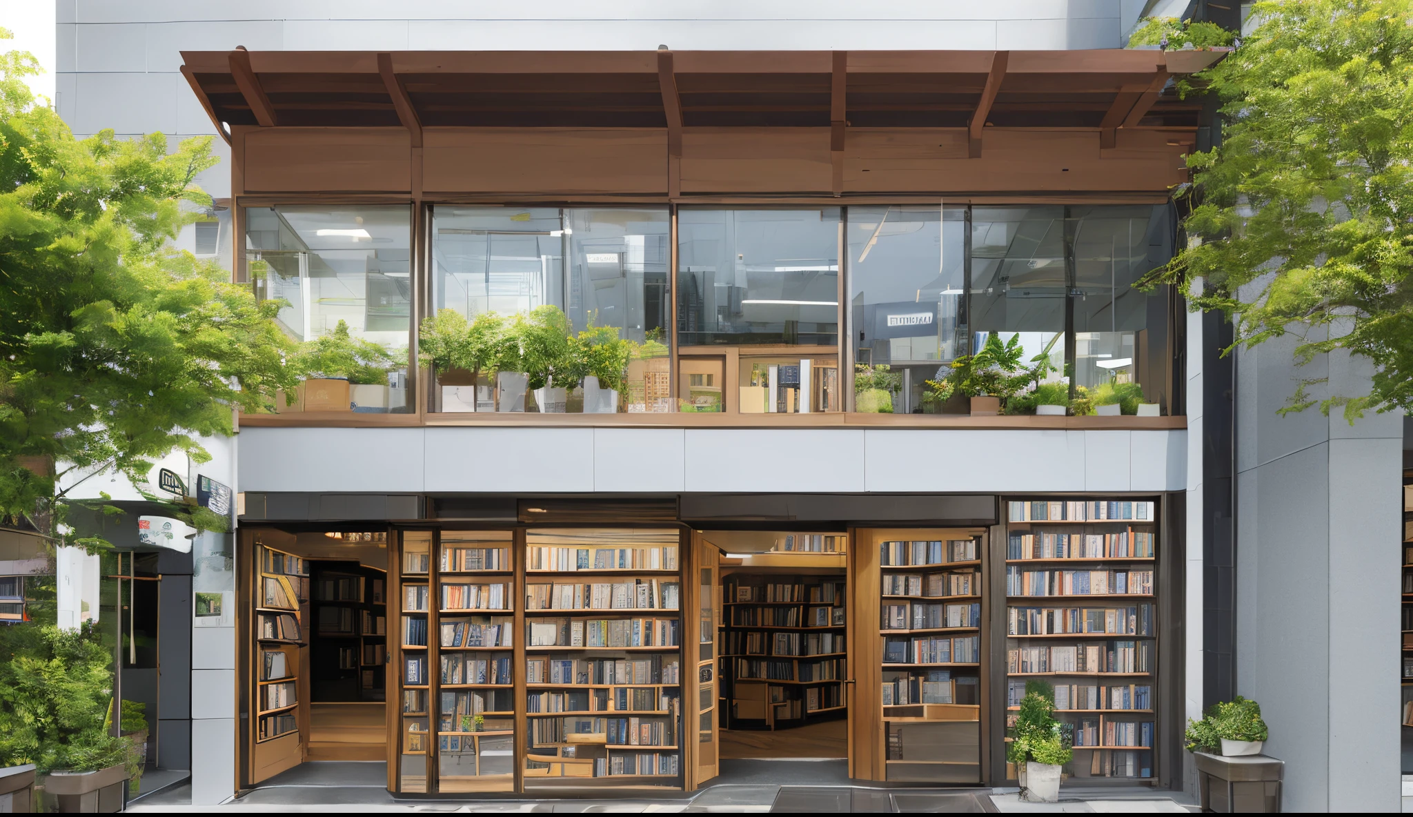 The entire building of "No. 19" bookstore is dominated by white.,It gives a sense of freshness、Peaceful feeling。Above all,The exterior wall of the bookstore uses large areas of glass windows,Allowing natural light to fully shine into the room,At the same time, customers can see the furnishings and atmosphere inside the bookstore from outside.。There are also various book cover patterns printed on the glass windows,Adds a touch of fun to the bookstore。secondly,There is a wooden sign hanging above the lintel of the bookstore.,It says "No. 19" bookstore in gold letters.,The handwriting is dignified and elegant。Two large green plants are placed on both sides of the door.,Not only beautifies the environment,It also provides customers with a place to rest.。