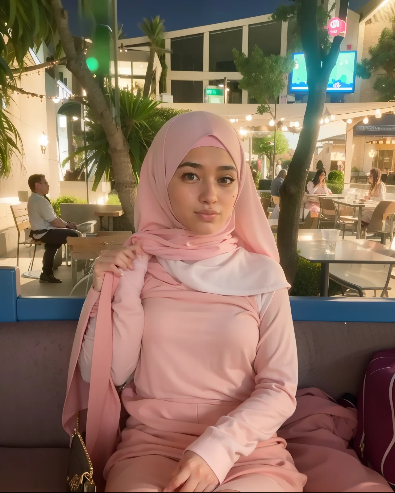 araffe wearing a pink dress sitting on a bench in a restaurant, taken at golden hour, taken in 2 0 2 0, zenra taliyah, beautiful aesthetic, evening at dusk, beautiful image, serena malyon, hijab, at sunrise, at twilight, inspired by Shaddy Safadi, in the evening, profile pic, taken in 2022