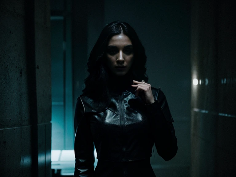 Envision a futuristic scene where a woman, clad in sleek, high-tech attire, stands in a dark and moody environment. The dimly lit surroundings highlight the advanced features of her attire, and a soft glow emanates from the sophisticated firearm she holds with a composed yet determined demeanor. Futuristic elements, such as holographic displays or neon accents, add to the ambiance of the scene, creating a captivating visual narrative of a technologically adept woman navigating a shadowy future with both confidence and vigilance.