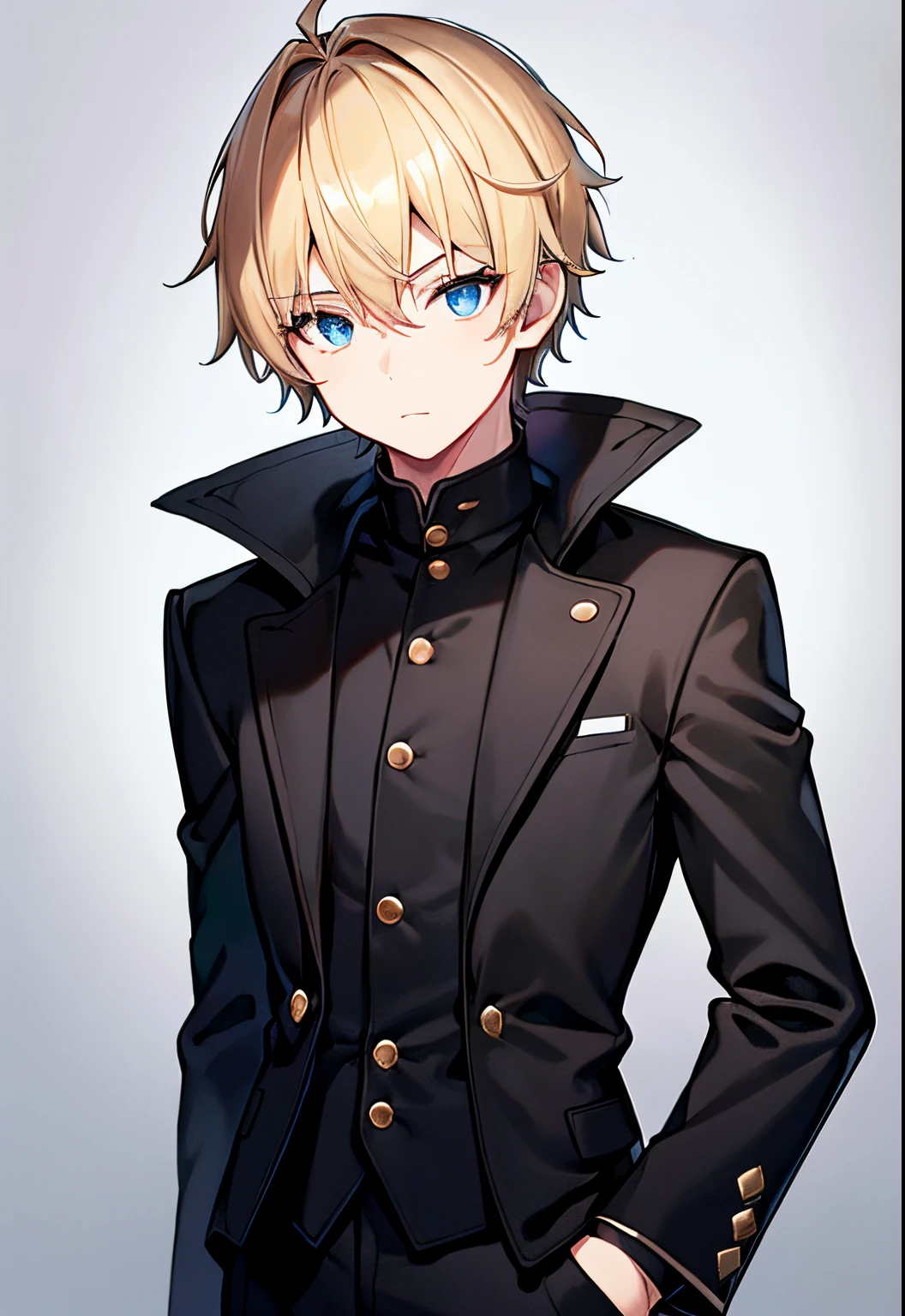 Upper body frontal photography，Frontal photography of a boy with short blond hair wearing a pure black loose coat，black long pants(tmasterpiece: 1.2)，(Best quality1.2)