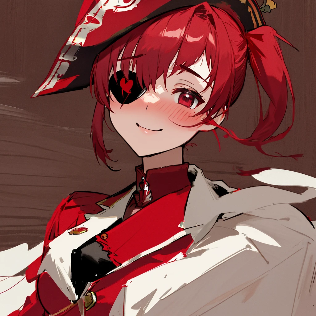 Houshou Marine,hololive,Wears a black eyepatch over his left eye., Her right eye is a passionate garnet red.,I blushed、Smile in ecstasy,Red color suit,Pirate Hat,wooden cabin background,Red-haired,Half Up Pigtail,Plump bust,animations,