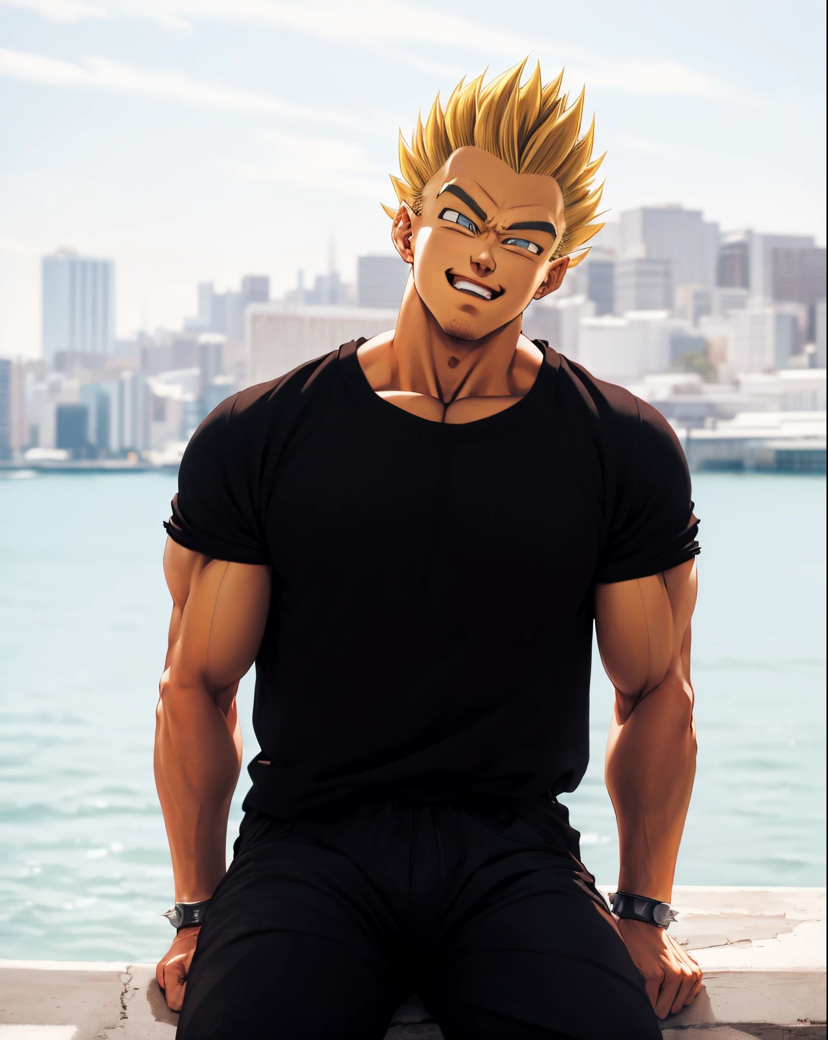 arafed man sitting on a ledge with a city in the background, HD, (Masterpiece), (Photo:1.3),High Quality, High Resolution, Smile, Perfect Lighting, Masterpiece, beautiful, ((SuperSaiyan)), cowboy shot, ((blonde hair:1.3)), super saiyan, (spiked hair),detailed face, detailed eyes,