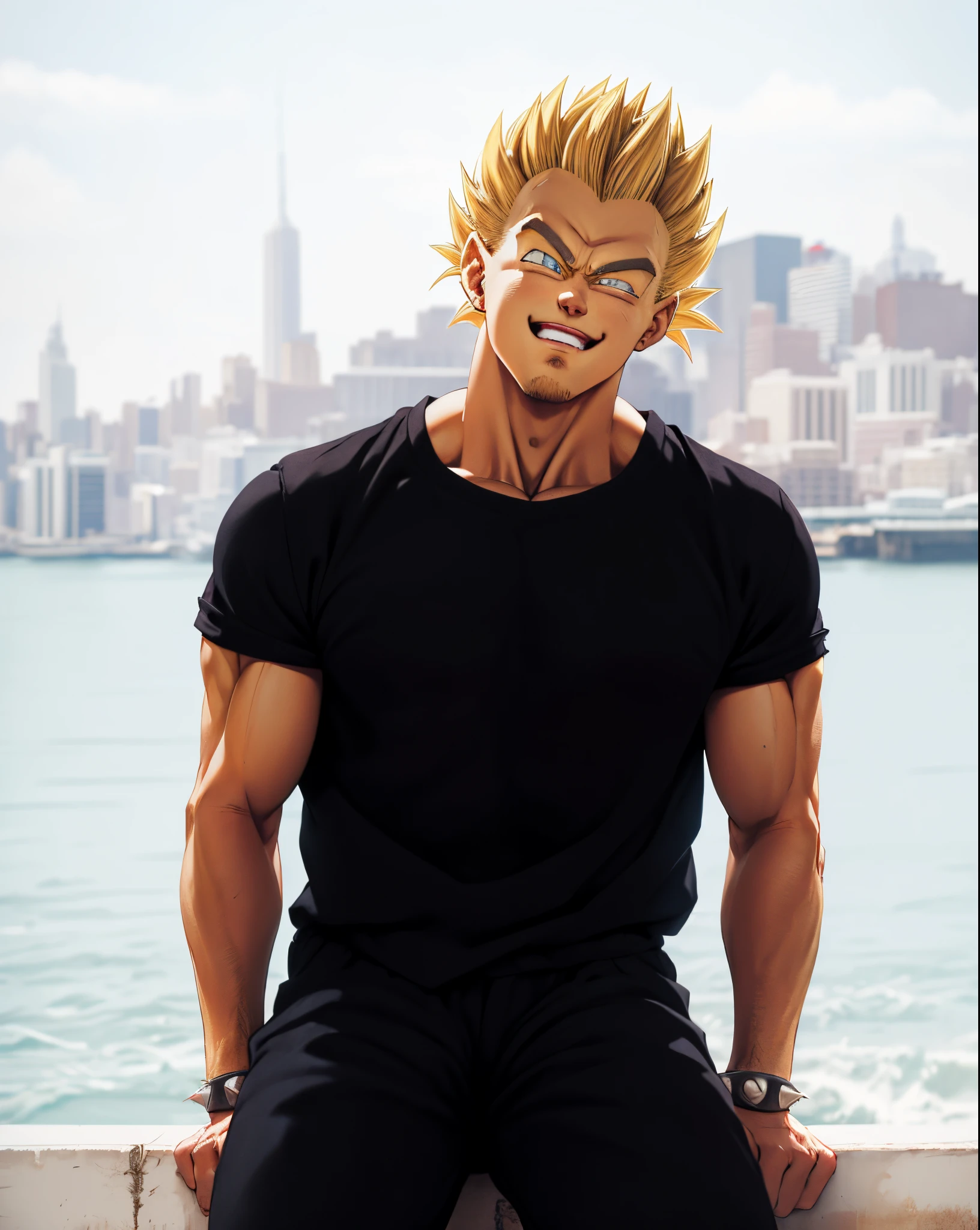 arafed man sitting on a ledge with a city in the background,  HD, (Masterpiece), (Photo:1.3),High Quality, High Resolution, Smile, Perfect Lighting, Masterpiece, beautiful, ((SuperSaiyan)), cowboy shot, ((blonde hair:1.3)), super saiyan, (spiked hair),detailed face, detailed eyes,