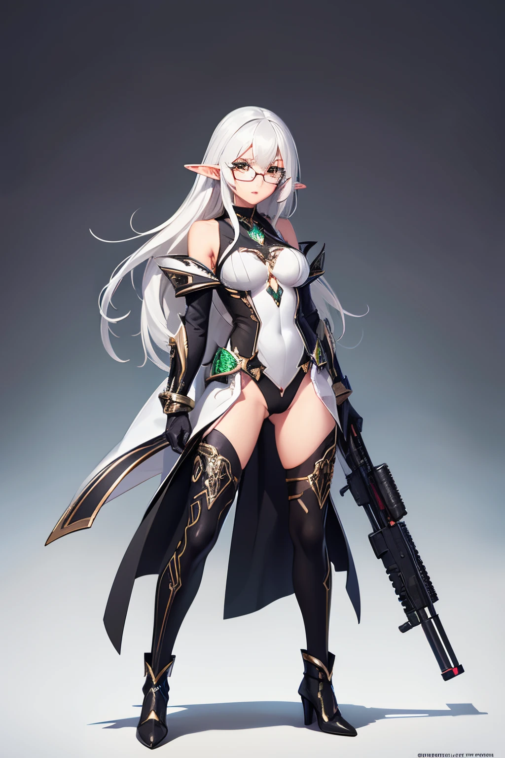 16k, HD, Professional, Highly Detailed, ((Masterpiece: 0.3)), (((High Quality))), Ultra-detailed face, Highly Detailed Lips, Detailed Eyes, full body, 1 female, dark elf, white hair, full body, standing, arms behind back, not clothes, green eyes, slight blush, glasses, black and silver mage robes, thin body, wielding a sniper rifle