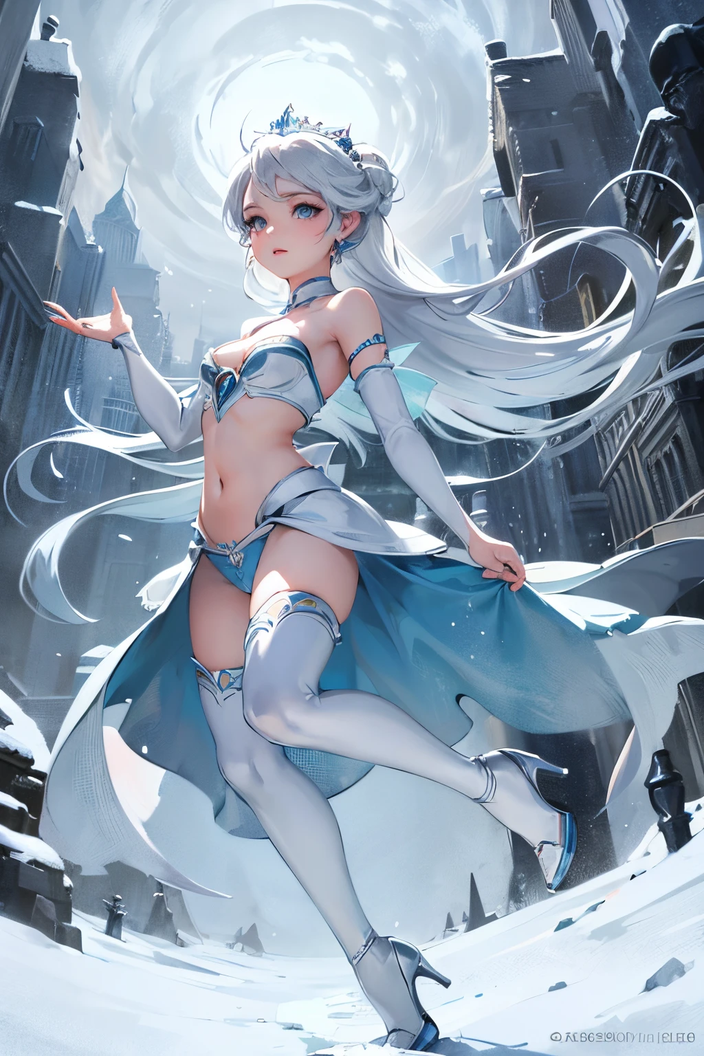 (best quality, masterpiece, colorful, dynamic angle, highest detailed) elsa \(frozen\), full body, cleavage, crop top, bottomless, bare shoulders, white thighhighs, high heels, small breasts, pussy, snow, hight(official art, extreme detailed, highest detailed), HDR+