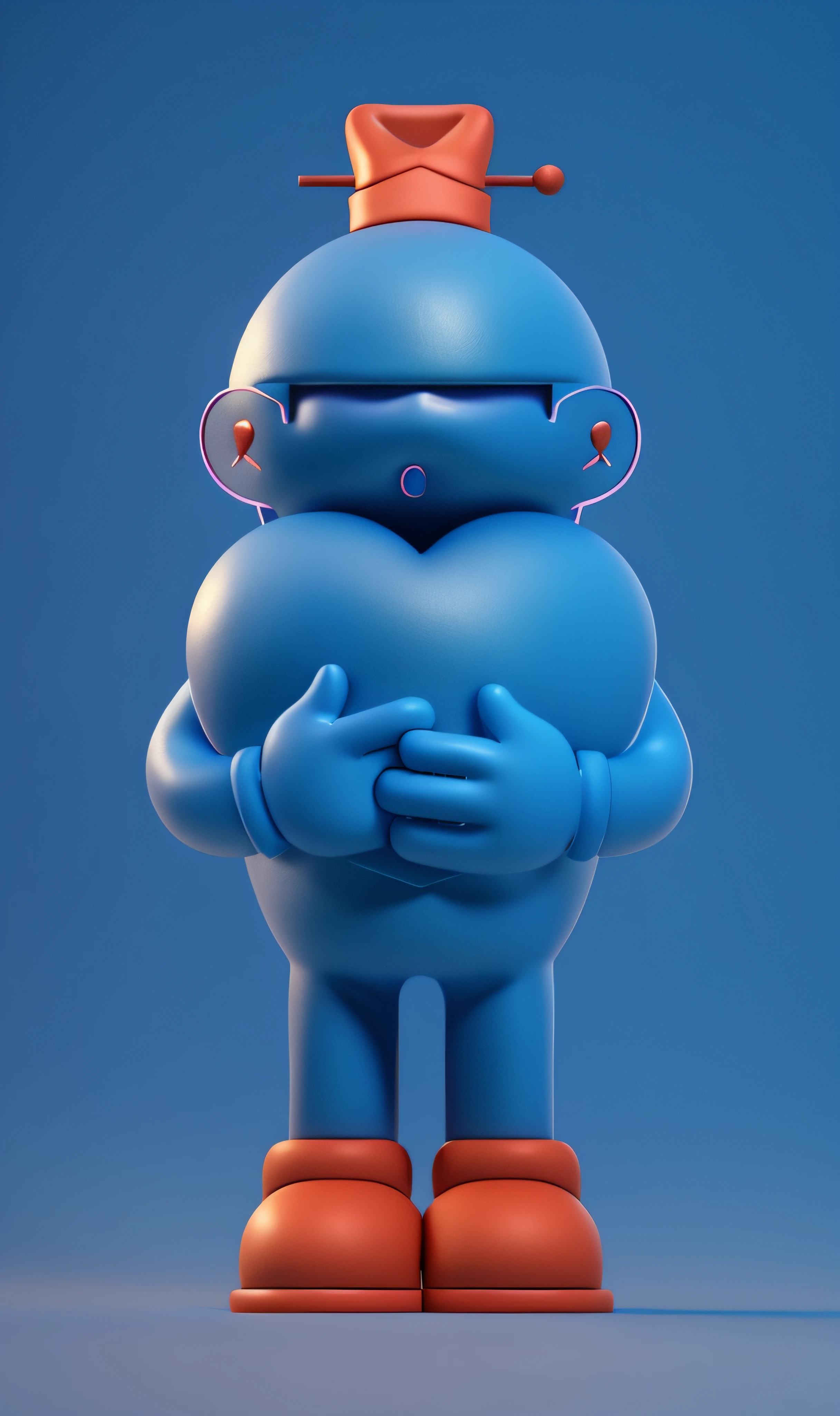 Pixar character holding a heart on his chest, character is standing,full body mascot, 4 fingers, blue arm, Blue body, Blue hat, Animated characters, stylized characters, Animation-style rendering, 3D stylization, arnold maya render, stylized 3d render, Cartoon rendering key shots, 3d character, 3d character, stylized 3d render, 3D character rendering, cartoon character, Close-up characters, Character pose, (pixar-style) (The main part:1.2) (bokeh) (Best quality at best) (delicate skin) (Detailed texture) (8K) (clay) (电影灯光) (sharp focus information）