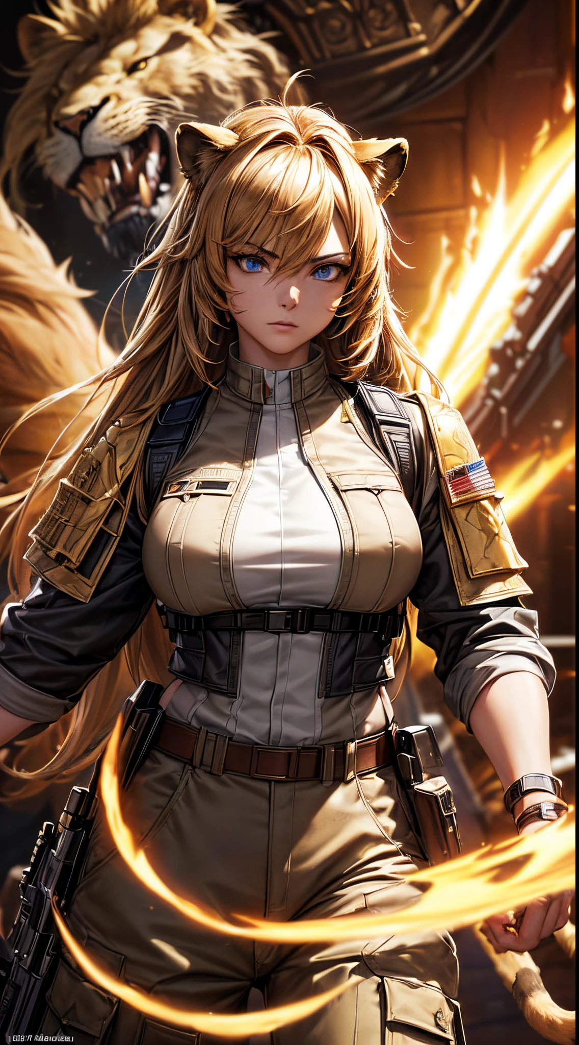 masterpiece, high quality, character concept art, (detailed face, detailed eyes, detailed body:1.5), ARKNIGHTS, sci-fi knights, anthro, golden skin color, lion features, lion ears and tails, (wearing sexy elegant future outfit with straps and accessories, cargo pants, military vest), holding SHARP CLAWS weapon, action angry pose, battle damage
