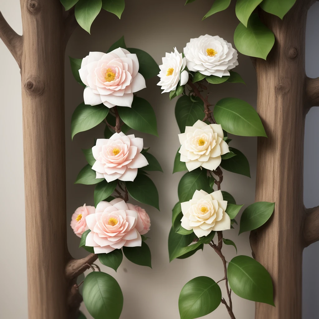 There are two white camellias on one branch,hyper-detailing,
