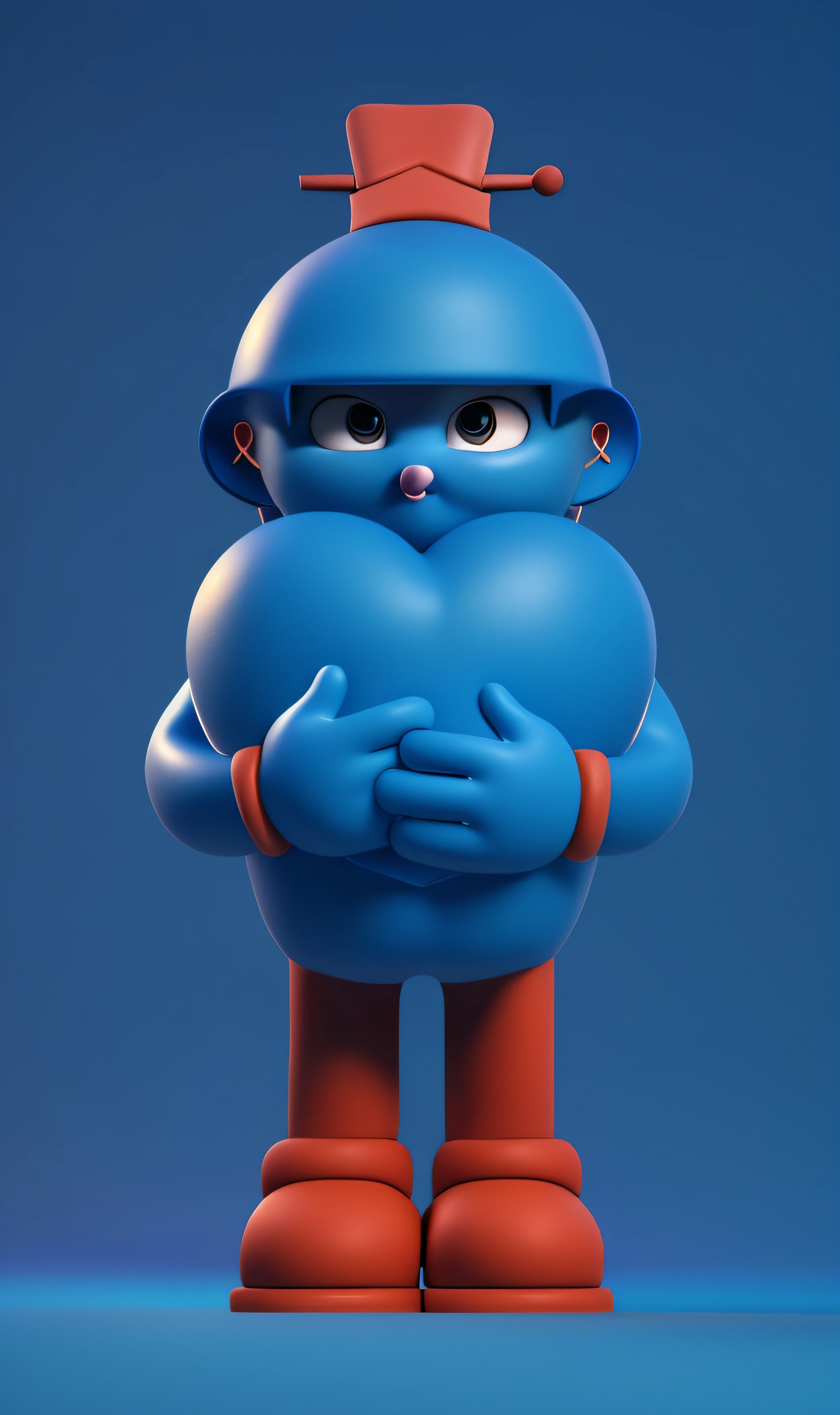 Pixar character holding a heart on his chest, character is standing,Blue face, Blue all over, 4 fingers, blue arm, Blue body, Blue hat, Animated characters, stylized characters, Animation-style rendering, 3D stylization, arnold maya render, stylized 3d render, Cartoon rendering key shots, 3d character, 3d character, stylized 3d render, 3D character rendering, cartoon character, Close-up characters, Character pose, (pixar-style) (The main part:1.2) (bokeh) (Best quality at best) (delicate skin) (Detailed texture) (8K) (clay) (电影灯光) (sharp focus information)