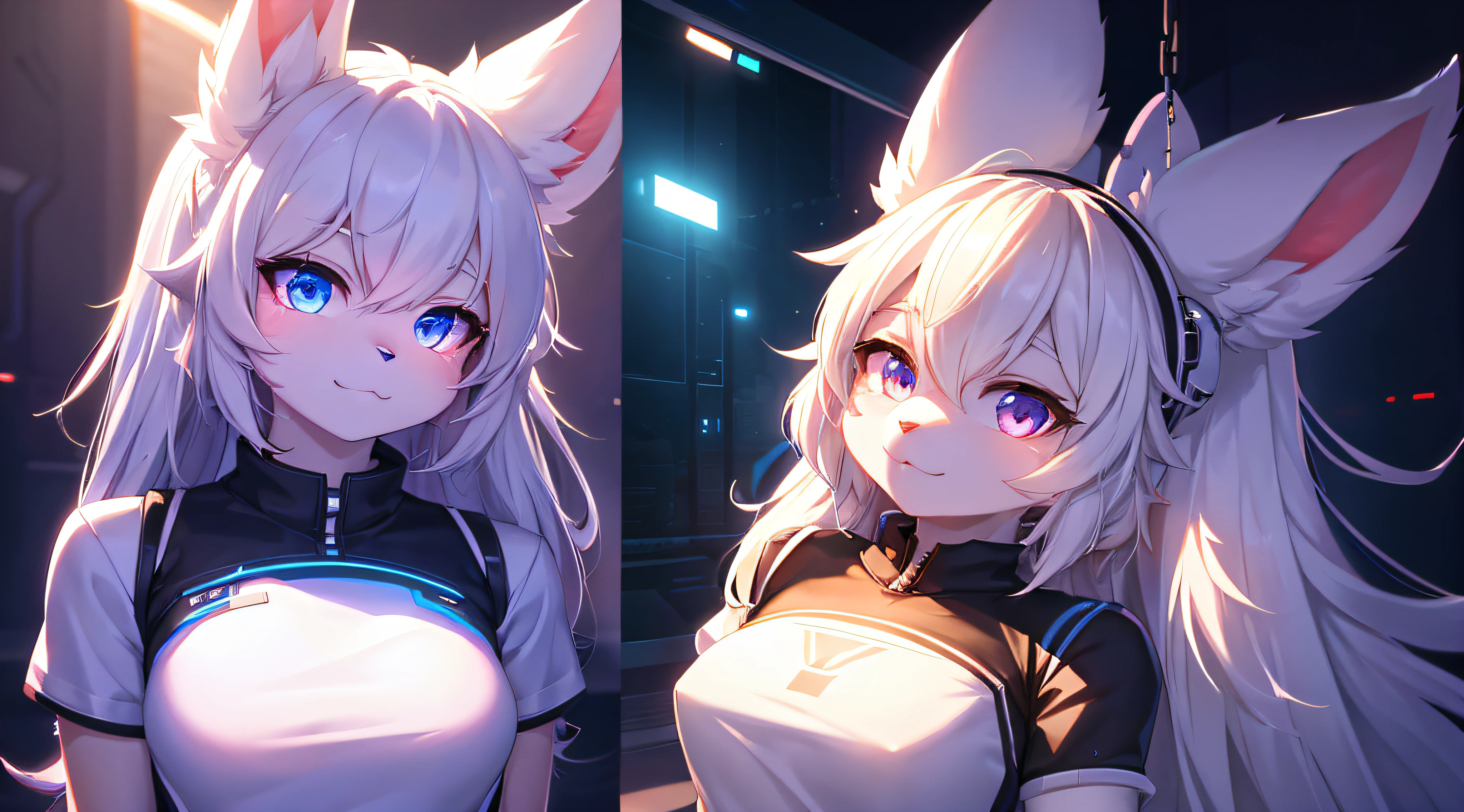 (cyber punk perssonage)Fluffy white fur bunny lady cute face fur detail element glowing t-shirt、Beautiful light and shadow、ambient lights、Ultra-fine fur、volumettic light