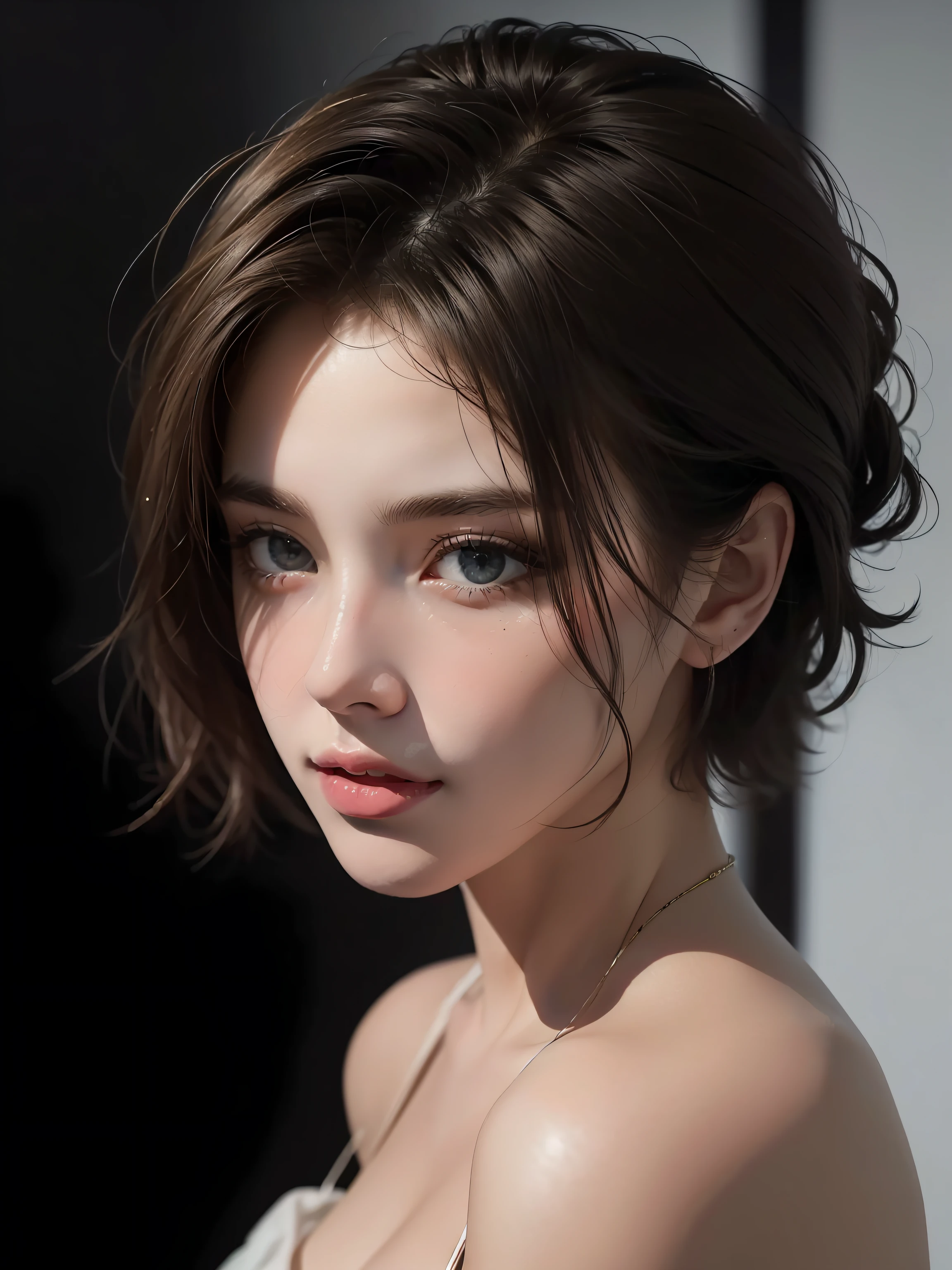 Best quality, masterpiece, ultra high res, (photorealistic:1.5), raw photo, 1girl, offshoulder, in the dark, deep shadow, low key, cold light, sexy look, short hair