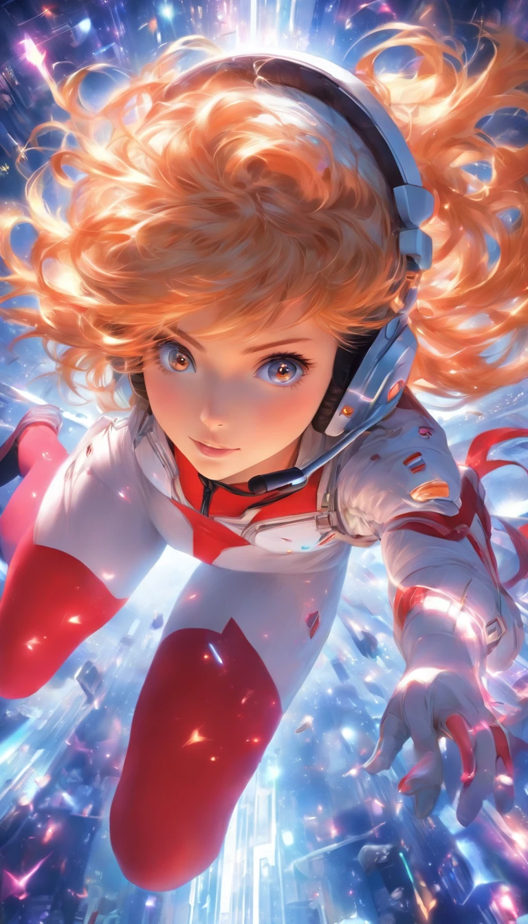 (top view), dynamic angle, ultra-detailed, illustration, close-up, straightforward, 1 girl, ((Souryuu Asuka Lanley, interface headset, red tights: 1.4, blonde)), her eyes shine like dreamy stars, (glowing eyes: 1.233), (beautiful and detailed eyes: 1.1), (expressionless, mouth closed), (standing), (mechanical room with tools and spaceship windows in a white spaceship), (night: 1.2), dreamy, [[slender fingers and hands: 0.55]::0.85], (detail fingers),