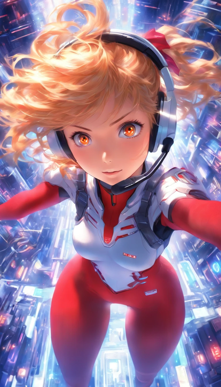 (top view), dynamic angle, ultra-detailed, illustration, close-up, straightforward, 1 girl, ((Souryuu Asuka Lanley, interface headset, red tights: 1.4, blonde)), her eyes shine like dreamy stars, (glowing eyes: 1.233), (beautiful and detailed eyes: 1.1), (expressionless, mouth closed), (standing), (mechanical room with tools and spaceship windows in a white spaceship), (night: 1.2), dreamy, [[slender fingers and hands: 0.55]::0.85], (detail fingers),