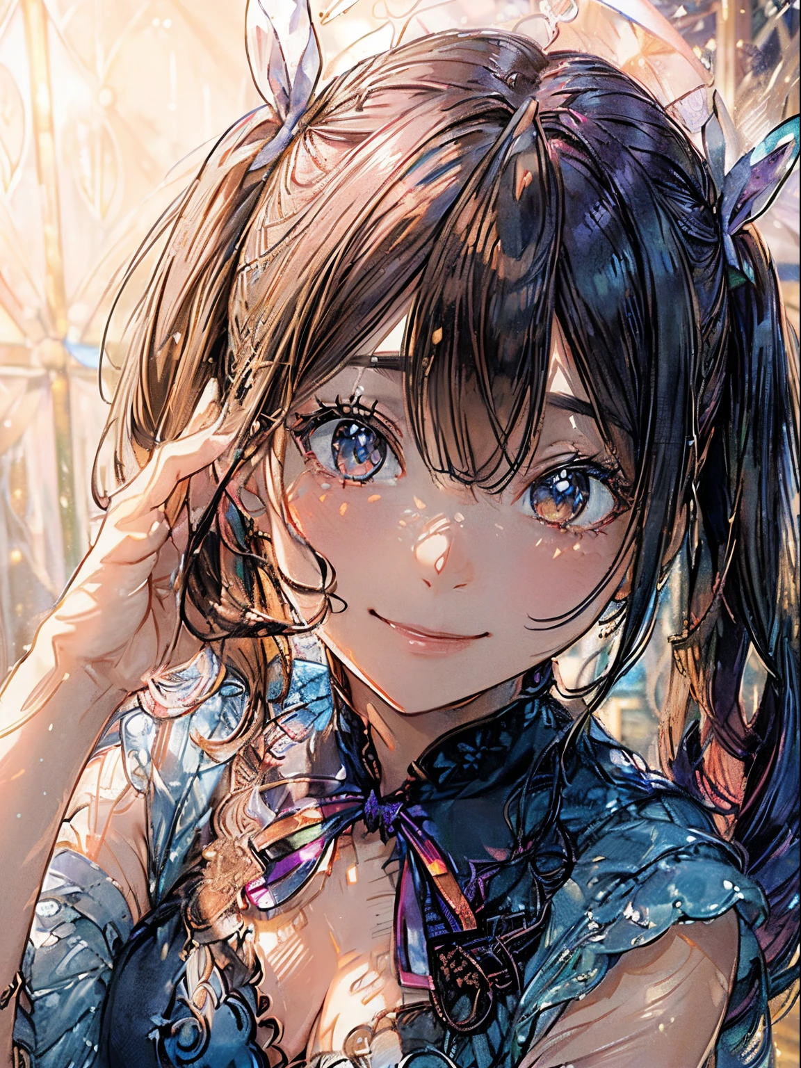 magician human、1人の女性,Bewitching smile, (rainbow hair:1.4),((Long twintails,Ribbon 1.4)),(Blue Butterfly Hair Ornament 1.3)、Futuristic magic square on night background with bright lights and bright moonlight、(masutepiece:1.3), (8K, realistic magic square(1.8),(8K, Photorealsitic, Raw photo, Best Quality: 1.4), Beautiful face, (Realistic face), Beautiful detailed eyes, (Realistic skin), Attractive, Intricate details,Golden ratio,,Dynamic Pose,Dynamic Angle,Intricate details, Hyper realistic、only face、A smile、Smiling、Face enhancement