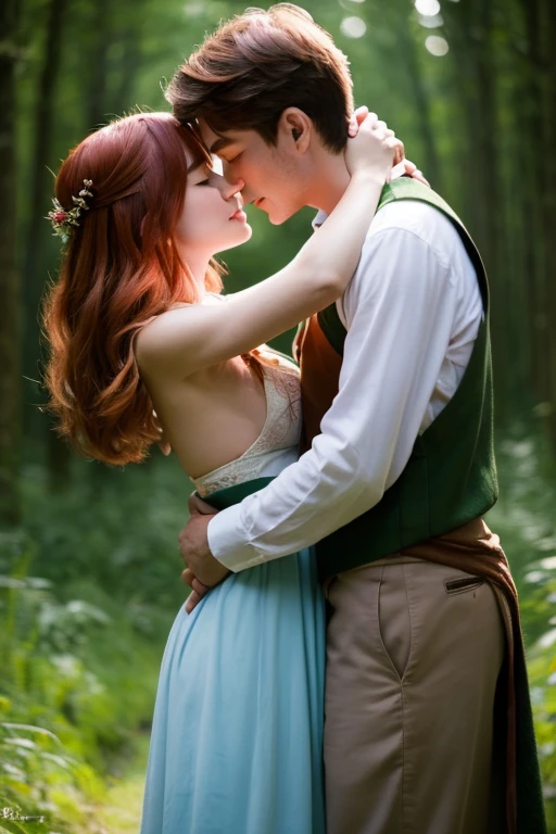 Man and woman hugging each other in the forest, female link and malon kissing, peasant boy and girl first kiss, Grégoire and Manon, lovely kiss, A kiss is a spell without words, fairy tale style background, Girl has huge breasts with red hair, thicc thighs,The boy is a liar Naruto, Strong body, Anatomy correctly, 准确,nffsw