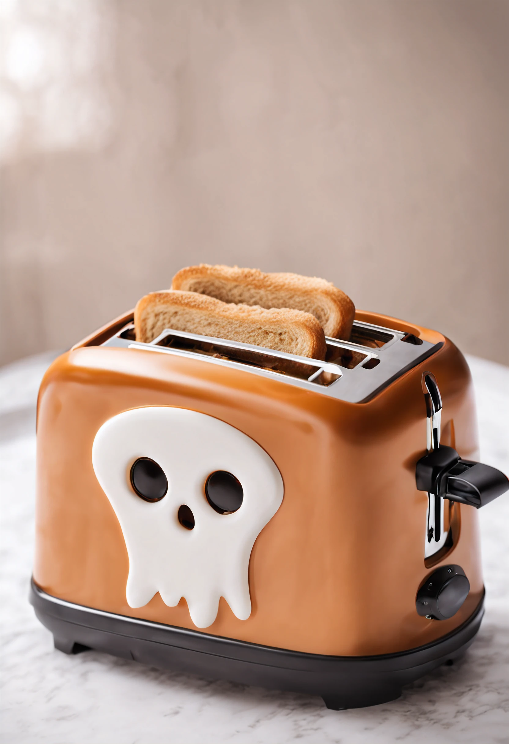 cute and spooky, a ghost-shaped toaster that pops up ghost-shaped toast, (spooky), depth of field, spark