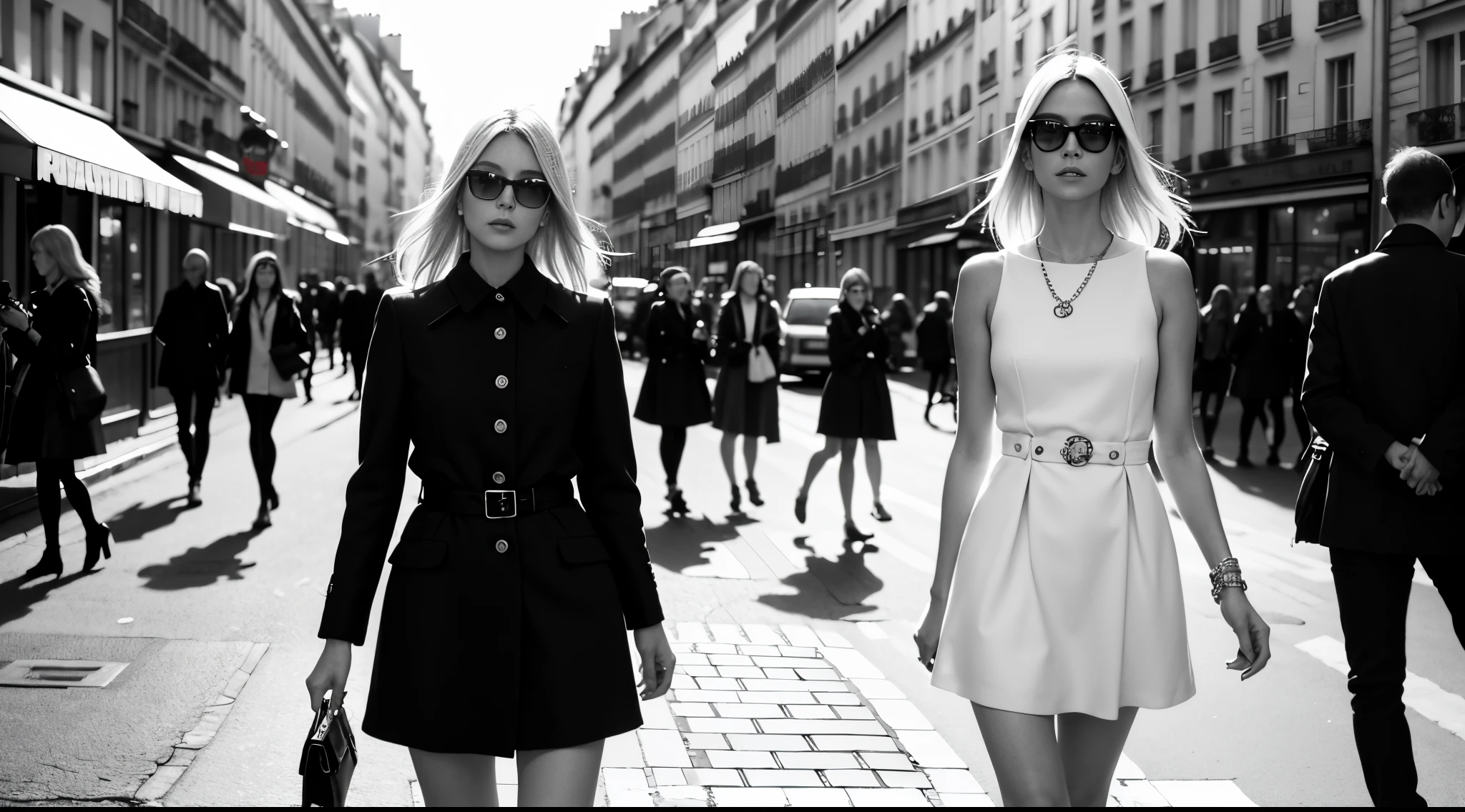 1 female focused, swedish woman model walking down a busy city street in a dress, proportion of fashion models, a black and white photo, in Paris, standing in Paris, (paparazzi), street photography style, shot on Leica summilux 35mm, (lens flare), CHANEL advertising, kodak 400tx, mesmerizing, ((black and white photography)), (low key)