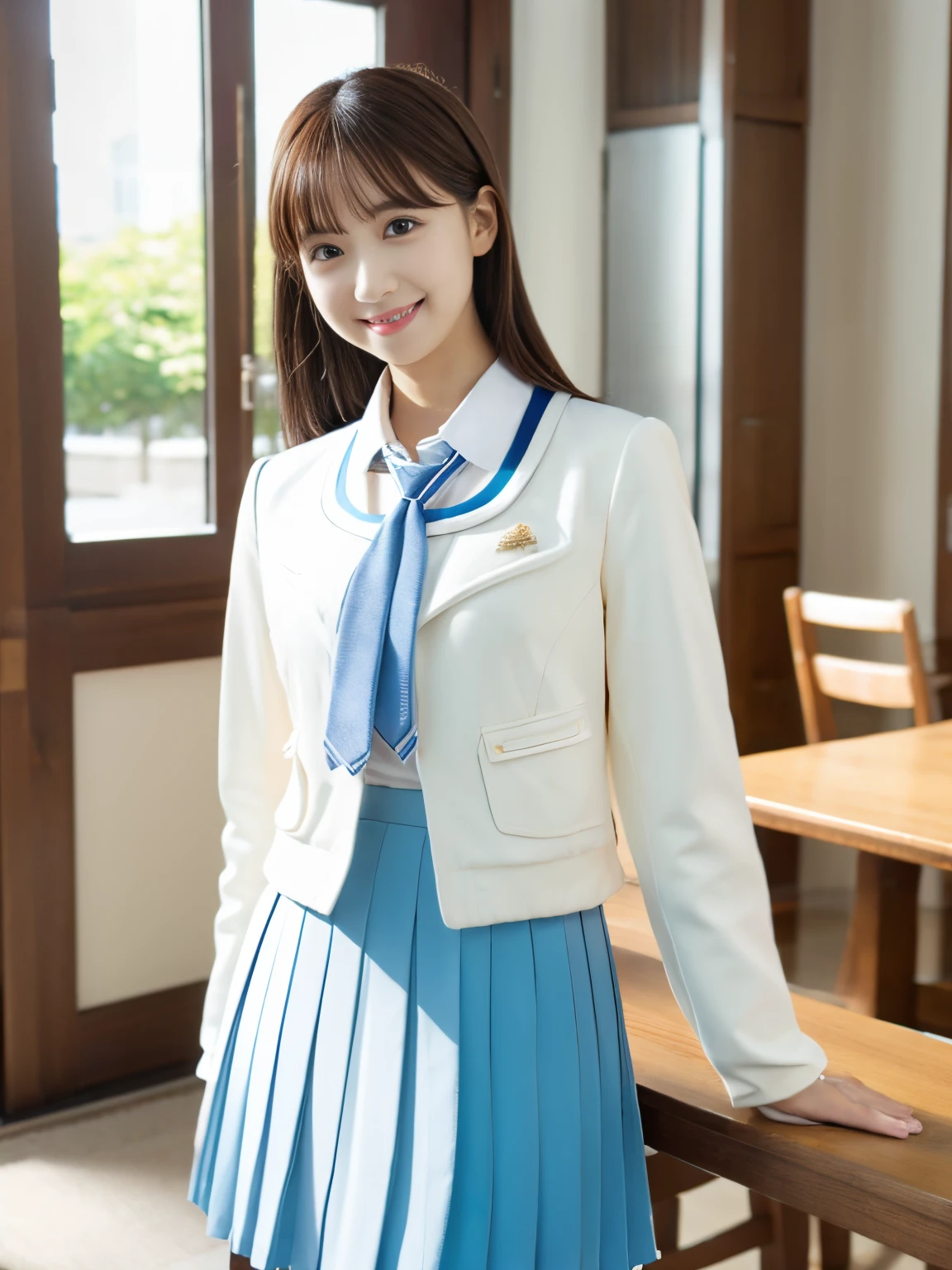 masutepiece, Best Quality, Ultra-detailed, 1girl in, alice, White jacket, White shirt, blue necktie, Pleated skirt, Halo, Indoors, Smile