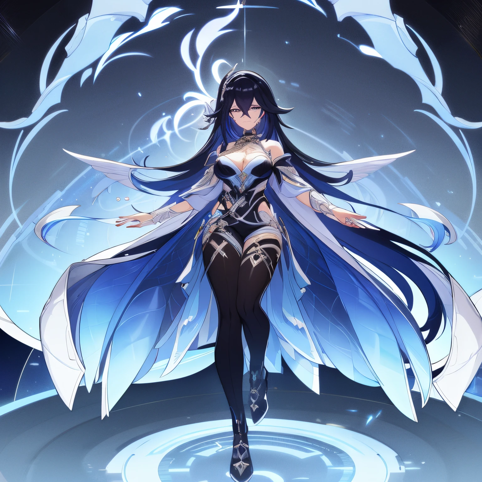 The woman. Dark blue hair with bright blue streaks. slightly wavy hair. light eyes. White and black pantsuit with lots of embellishments and ribbons.....