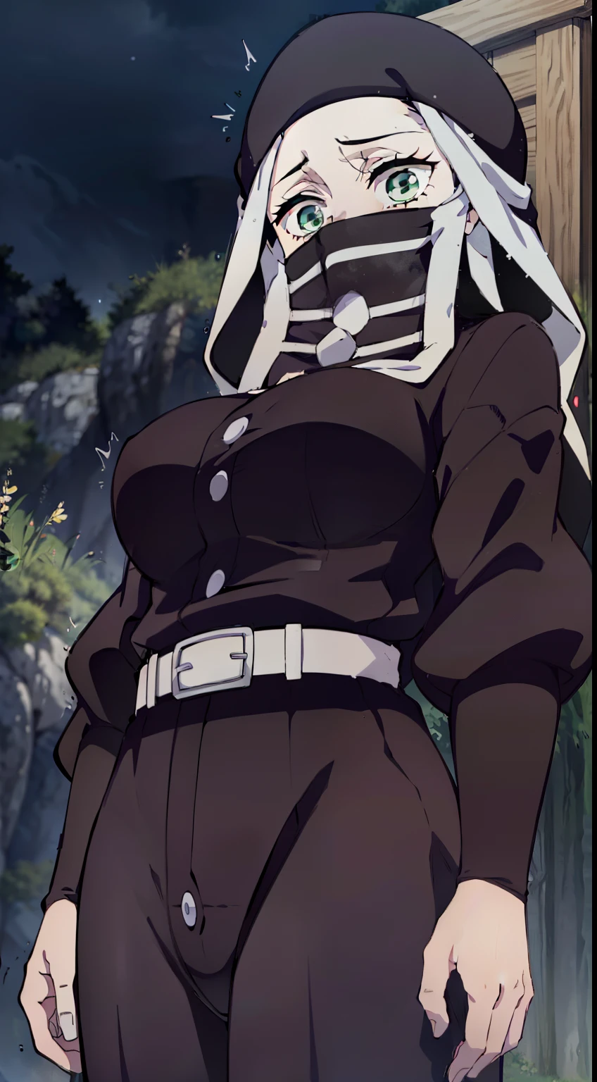 the night, Night Forest, lovely night, Night Landscape, Masterpiece, Best Quality, unbuttoned dress shirt, Very clear image, seductive, Very sexy ass, Nudie, Sex position, sits on top, Sexy, Falls, falls when running, It's working, falls forward, is looking at the camera, Shy, hight resolution, 1girl, Full-length (Body Full 1.1.), With his back to the viewer, Holds out his hands, Helps, provides first aid, looks down on her, view from bottom, woods, the night, a starry sky, luna, Night Forest, Kakushi Girl (Demon Slayer: kimetsu no yaiba), Kocho Shinobi, Master Parts, beste-Qualit, supreme, 1girl, In the bamboo forest,face mask, The head is covered with a hood, Black Ninja Costume, black pantsuit, black jacket, belt, Beautiful figure, Beautiful little breasts, elastic small breasts, Erotica, Character looking at camera,green colored eyes, Black pants, black jacket, long sleeves, belt, the perfect body, The Perfect Girl, perfect details, Ultra HD |, 8K, Professional photo, Demon Slayer in anime style,