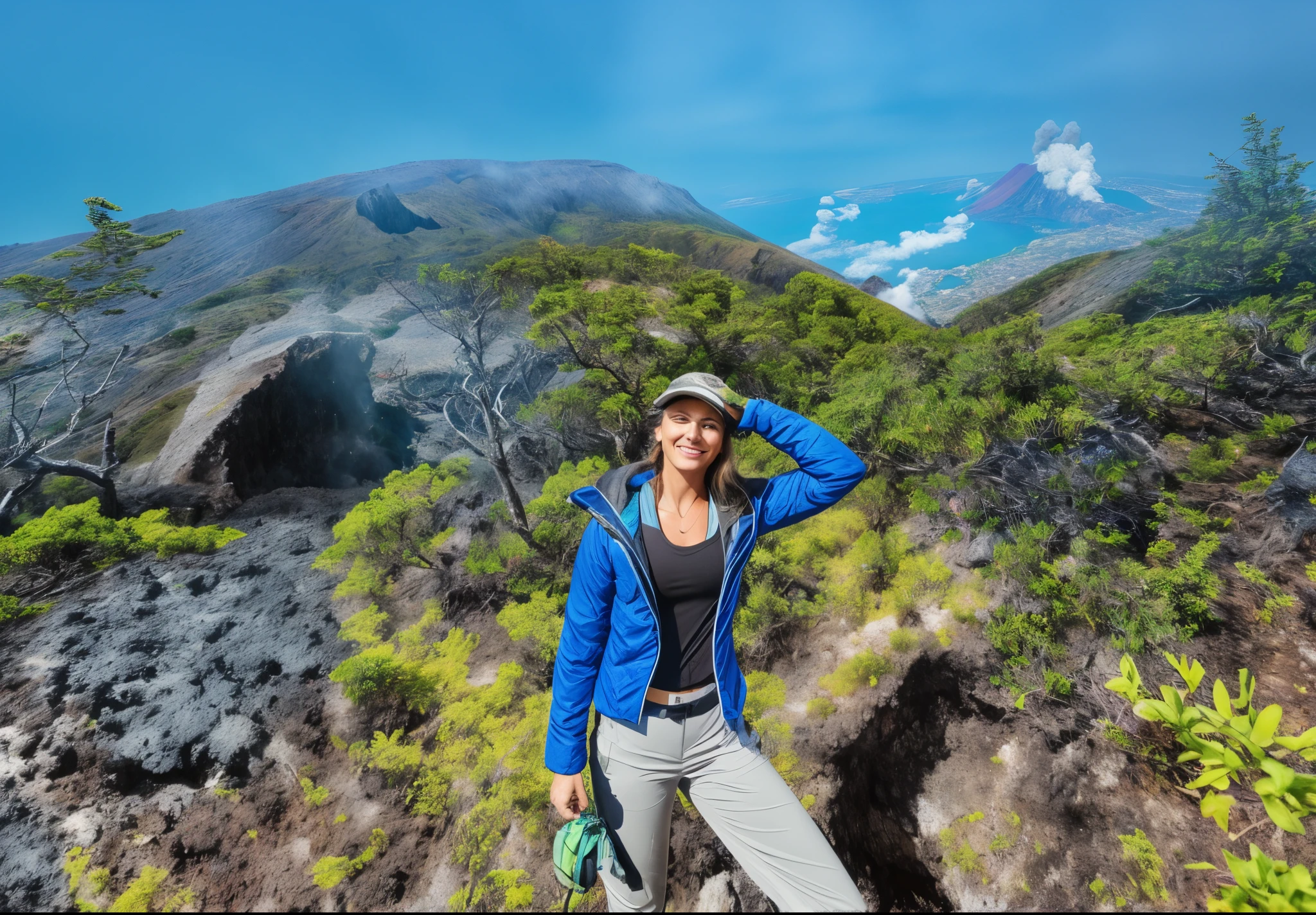 there is a woman standing on a mountain in a blue jacket, nas montanhas, nas montanhas, em um vale de montanha, in a Volcano, in volcano, Em um vale, roupas de caminhada, uma montanha parece uma mulher, edited not Photoshop, girl walking in a canyon, Moutain no fundo, in a scenic background, em frente a uma montanha, amidst nature