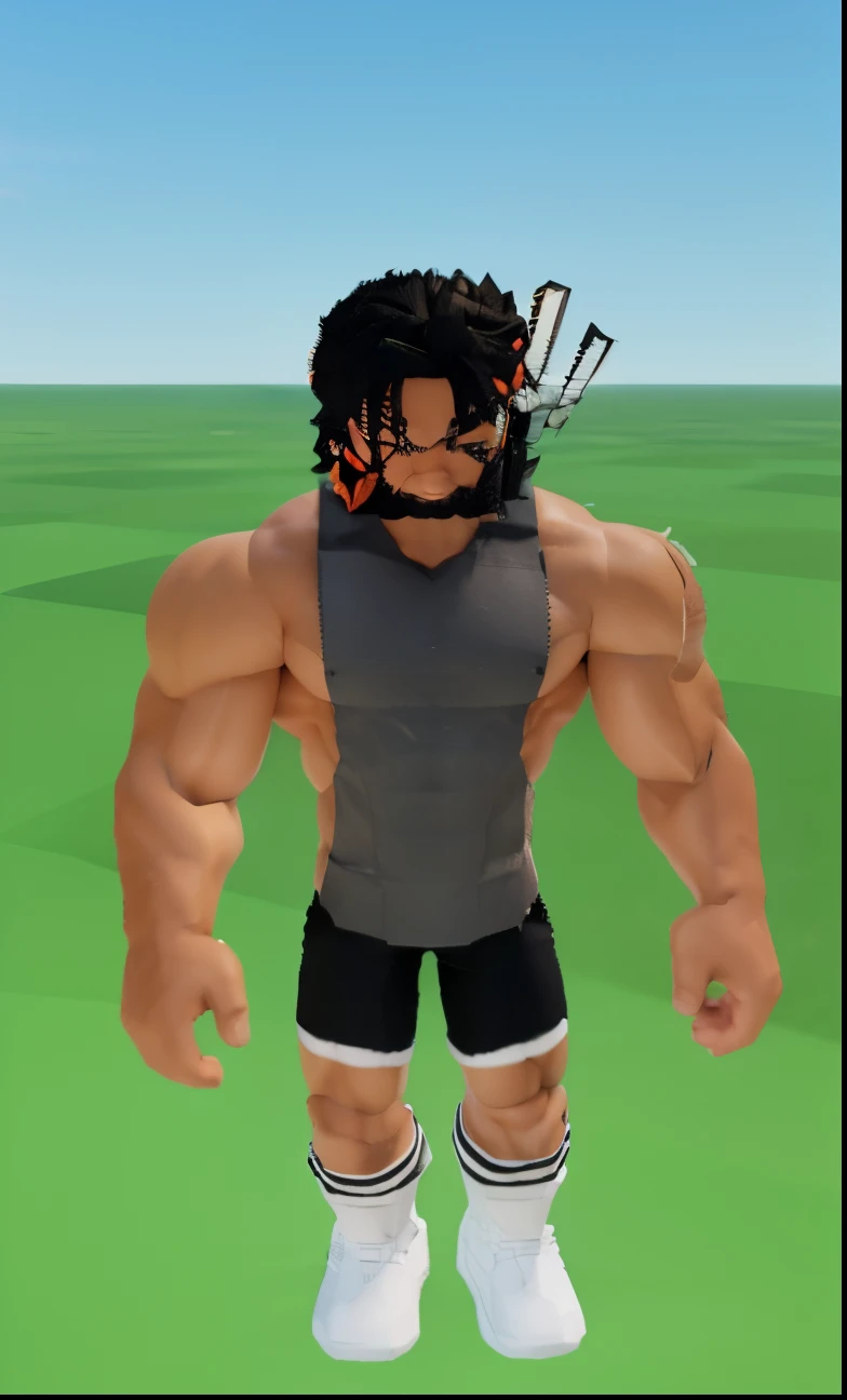 Roblox rule15 3D art, gfx chart, 3D gfx skins, Muscular body, 8 packs, gray shirt, shorts (black), shorts,Background of grass and clouds, shy face, beard, daddy style