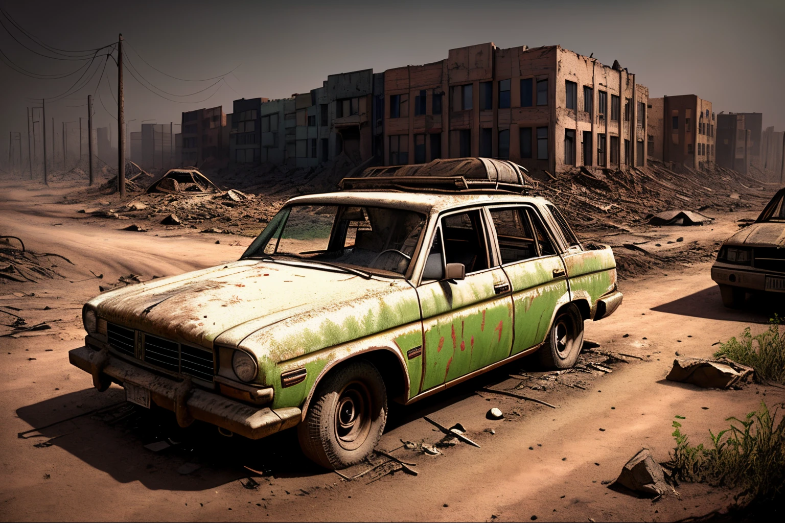 An exciting city in the middle of a barren area，The car was parked in the dirt, Post-apocalyptic wasteland, in a post-apocalyptic wasteland, post apocalyptic landscape, Post-apocalyptic wasteland, post apocalyptic atmosphere, Post apocalyptic scenario, Post-apocalyptic cities, post apocalyptic world, Doomsday city pattern, Post-apocalyptic cities, dystopian wasteland, The apocalyptic city