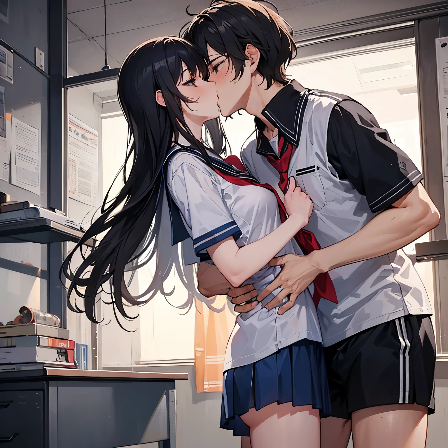 Classroom, white breath、open clothes, Drooling from the mouth、orgasm、(hetero), vaginal penis, (motion line), girl straddling on boy, hug, face to face, kiss, school uniform, sailor suits, classic style with white shirt and skirt, formal look, ストッキング、Thick pubic hair、Fair skin、Updo、, Motion lines of trembling effect with sexual climax