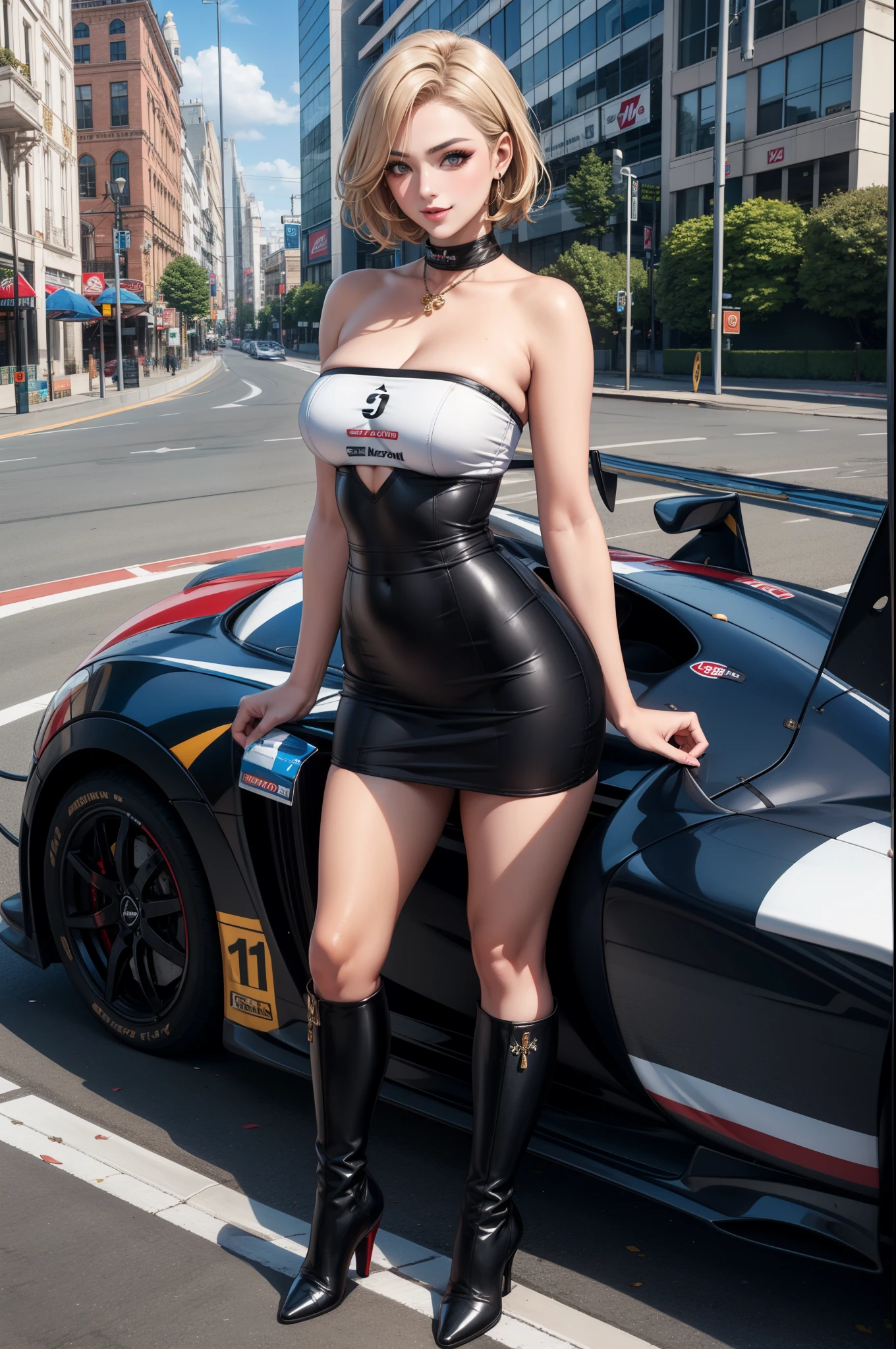 (Blonde or Brown short hair)、Multiple females、Ultra realistic 8K, flawless,tall,(Heavy makeup), Small breasts、Earring、Standing on the street with formula car、Nikon Z 85mm, ((Best Quality)) ,((masterpiece)), intricate detailes,Extremely delicate and beautiful, ((Sexy Race Queen,Ultra mini skirt)):1.4、（Gold color Strapless long boots with high pin heel）:1.2、Full body shot:1.0、Sexy smile