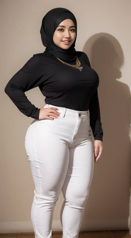 beautiful fat woman in hijab,
wearing trendy clothes, wearing tight pants, beautiful face, curvy body, sweet smile, detailed results, very good and clear quality, random background, 8k HD quality images