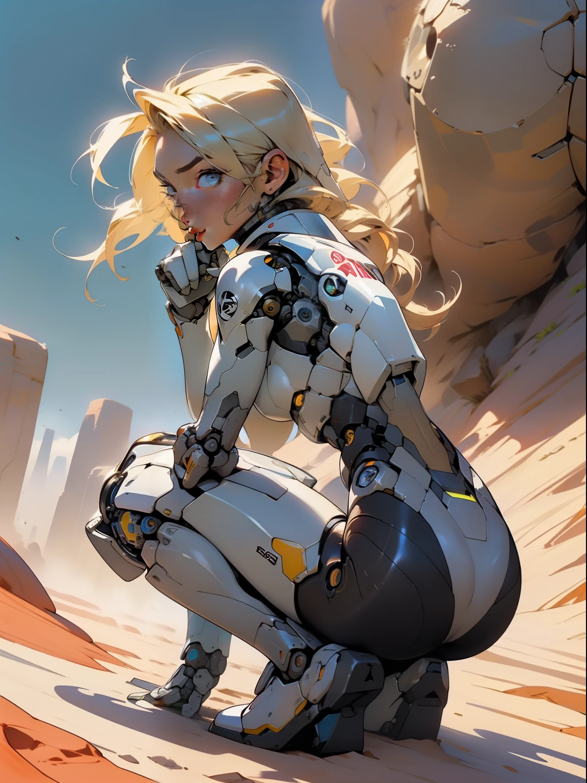 high quality, 4k, masterpiece, beautiful, cyborg girl, squatting down, dull eyes, back side, rear view, turning around to look at viewer, long blonde hair, girl, small breasts, fit thigh, robotic arms, robotic body, cyborg body, yellow accent, redaccent, intricate detail, joint, detailed lines, robotic detail, holding a fist up, color robotic parts, robotic parts with color, perfect fingers, on a desert planet, sunny background, colorful desert,