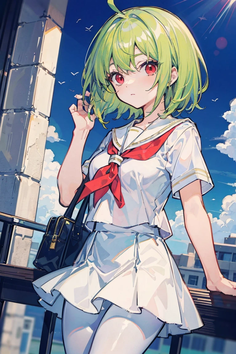 masutepiece,Best Quality,a beauty girl,Medium Hair, Green hair, Ahoge, Red eyes, White pantyhose,School uniform