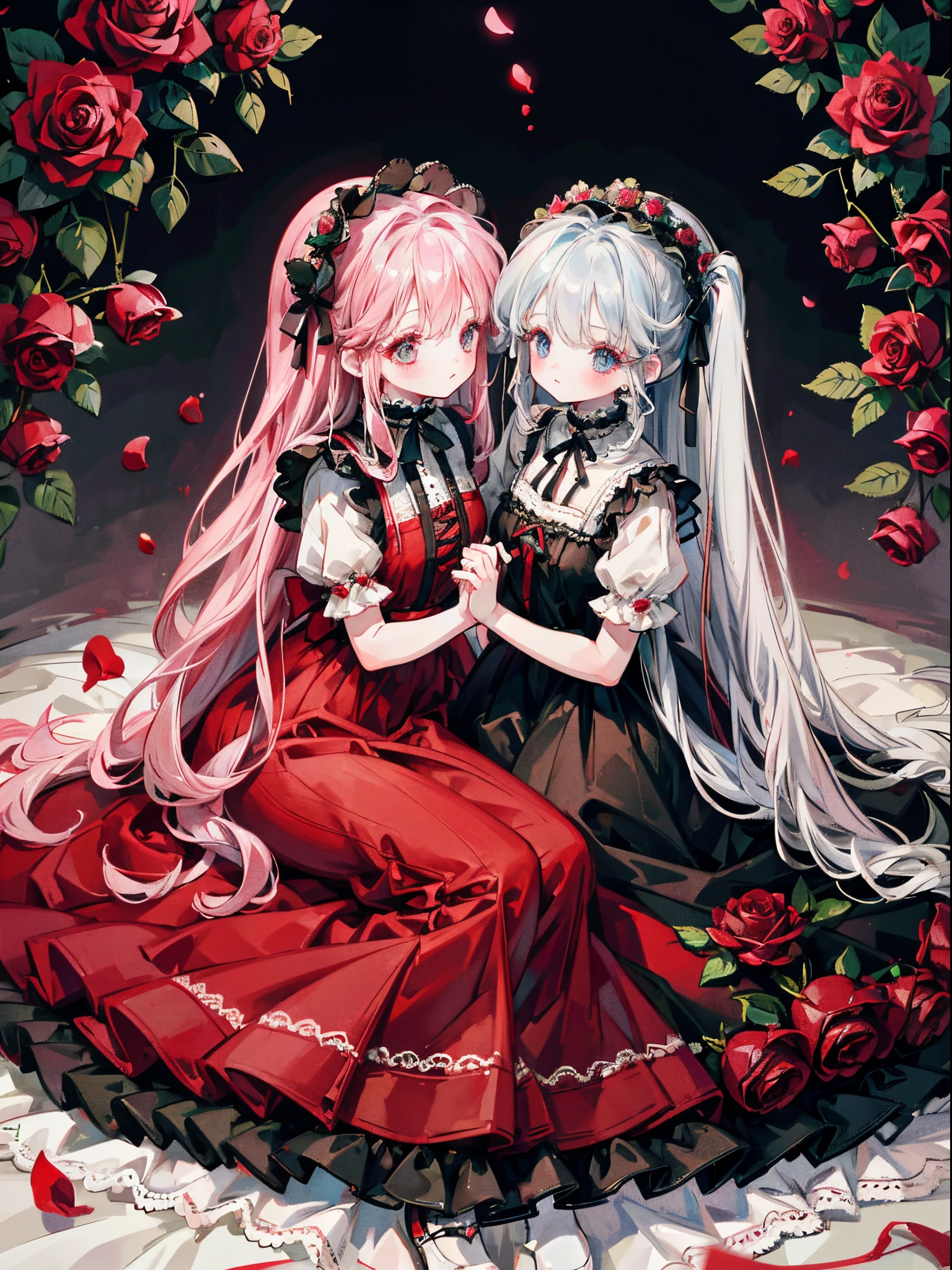 Two 3 year old girls、Rose Maiden、Two people love each other、doll、fullllbody、Lots of rose petals on the background、Impressive eyes、Lashes、lower eyelashes、Delicate lace、Delicate frills、Beautiful Gothic Dresses、Red roses in the background、Arrangement with Sense、Extremely high quality、high-level image quality、Extremely delicate drawing
