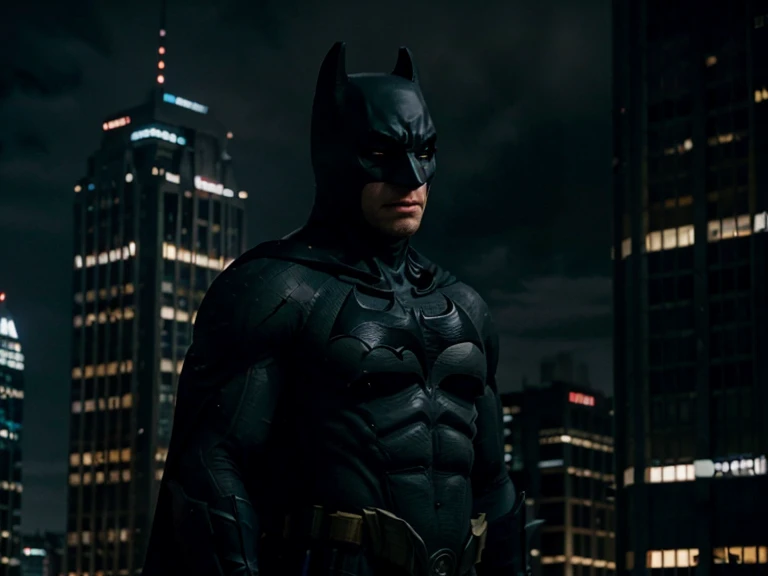 In the dimly lit Gotham City, rain cascades down, reflecting the cold glow of neon signs. Perched on a gritty rooftop, Batman stands like a silhouette against the urban abyss. His cape, tattered and weathered, flutters in the wind, revealing the scars of countless battles. The cowl casts a shadow over his stern face, masking the determination etched in his piercing eyes. With the city's pulse beneath him, he is the vigilant guardian, a dark silhouette surveying the chaos below, a symbol of justice amid the relentless storm. In the style of Frank Miller ((Frank Miller)), the dark knight, photorealistic, high res, fine details, 8k wallpaper,close up shot,chest to head,