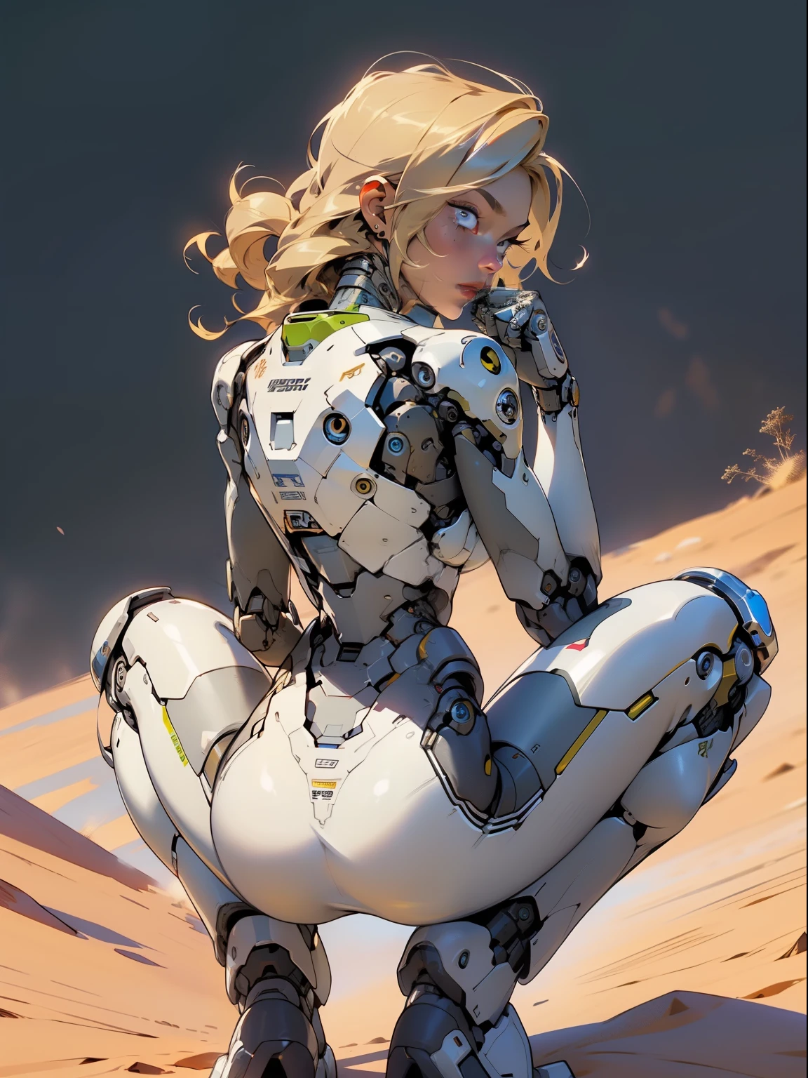 high quality, 4k, masterpiece, beautiful, cyborg girl, squatting down, dull eyes, back side, rear view, turning around to look at viewer, long blonde hair, girl, small breasts, fit thigh, robotic arms, robotic body, cyborg body, yellow accent, redaccent, intricate detail, joint, detailed lines, robotic detail, holding a fist up,  color robotic parts, robotic parts with color, perfect fingers, on a desert planet, sunny background, colorful desert,