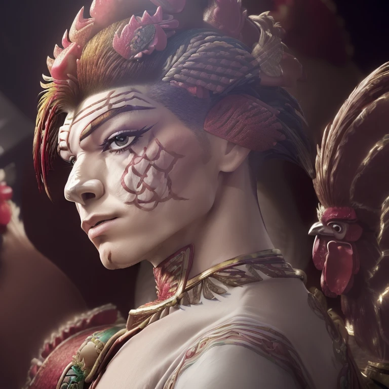 (8k, RAW photo, best quality, homoerotic, looking at viewer, face:1.5), (androgynous male, rooster king, nutcracker ballet :1.65)