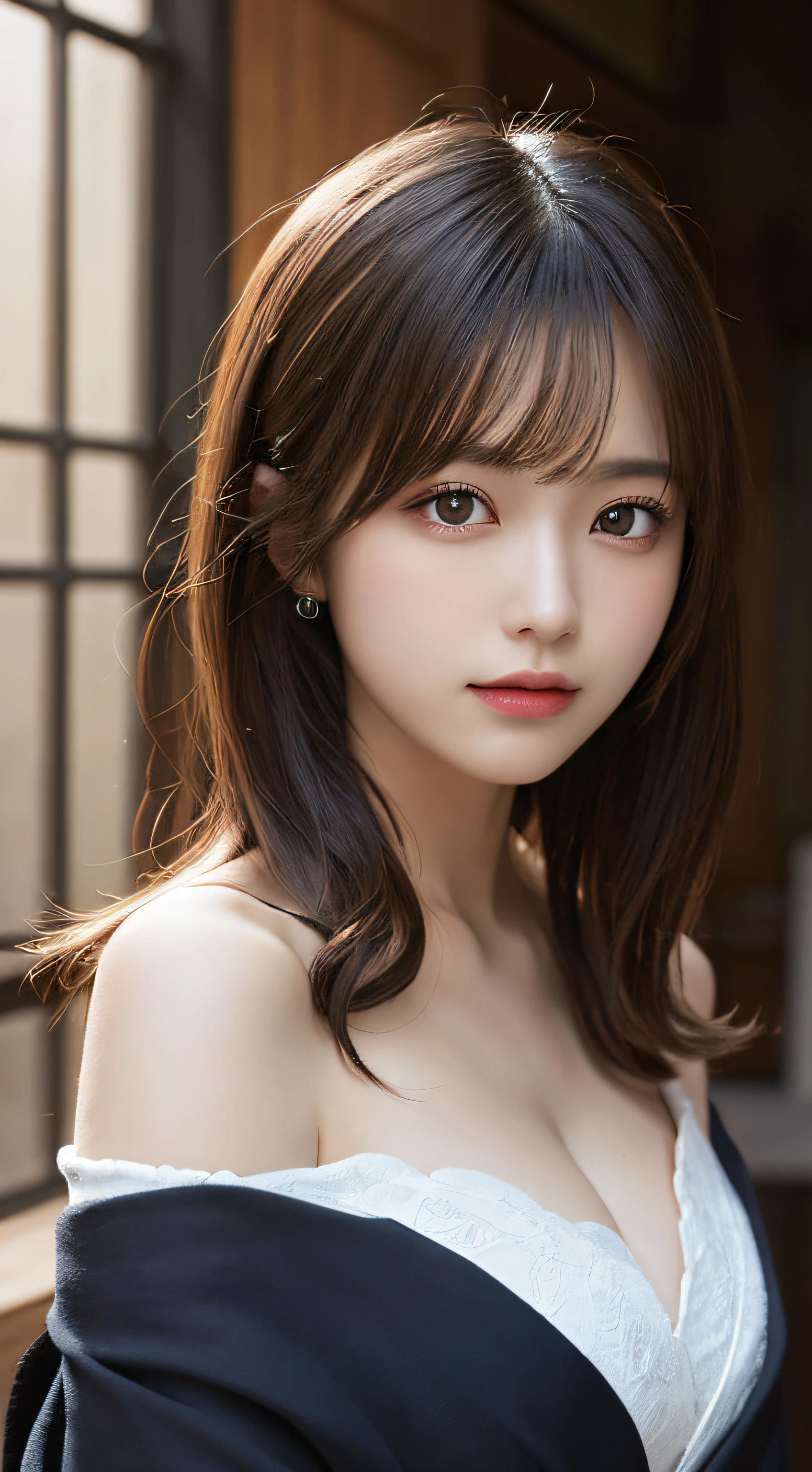 masutepiece, Best Quality, Illustration, Ultra-detailed, finely detail, hight resolution, 8K Wallpaper, Perfect dynamic composition, Beautiful detailed eyes, Kimono, off-shoulder, cleavage