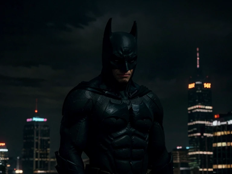 Imagine a cinematic portrait of Batman standing atop a Gotham City skyscraper, gazing down upon the sprawling urban landscape. Describe the detailed silhouette of his iconic cowl against the city lights, capturing the stoic determination in his posture. Highlight the realistic details of Gotham City below—its towering buildings, neon signs, and the subtle glow of streetlights. Convey the brooding atmosphere as Batman surveys the city, embodying a mix of vigilance and the weight of responsibility. Emphasize the shadows playing across his costume, adding depth to the scene and enhancing the overall sense of Gotham's gritty realism in this cinematic portrayal.