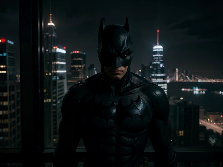 Imagine a cinematic portrait of Batman standing atop a Gotham City skyscraper, gazing down upon the sprawling urban landscape. Describe the detailed silhouette of his iconic cowl against the city lights, capturing the stoic determination in his posture. Highlight the realistic details of Gotham City below—its towering buildings, neon signs, and the subtle glow of streetlights. Convey the brooding atmosphere as Batman surveys the city, embodying a mix of vigilance and the weight of responsibility. Emphasize the shadows playing across his costume, adding depth to the scene and enhancing the overall sense of Gotham's gritty realism in this cinematic portrayal.