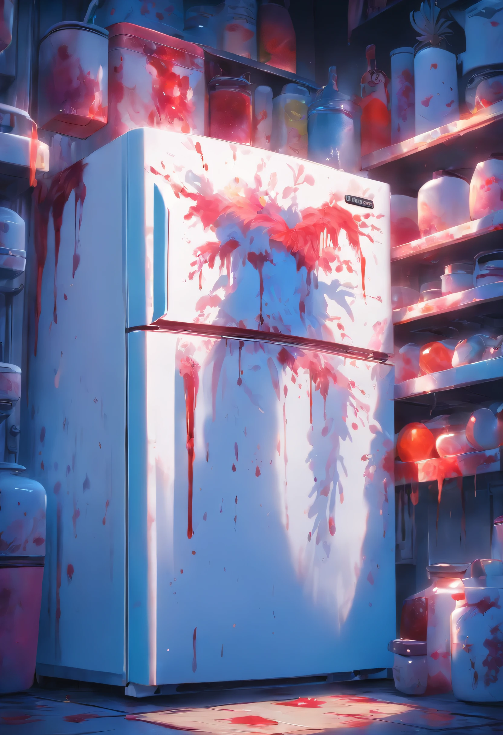 Spooky Kitchen Appliances、((All the handles of the pure white refrigerator are human palms.、Bloody))、Masterpiece、best composition、ultra-definition、Photorealsitic、A hyper-realistic