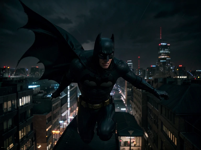 Envision a cinematic scene of Batman in the act of protecting Gotham City. Describe the dynamic action as he leaps from a vantage point, his cape billowing in the wind. Capture the gritty details of Gotham's urban landscape, with rain-soaked streets reflecting the neon lights. Emphasize Batman's silhouette against the city skyline, showcasing his iconic presence. Depict the intensity in his eyes and the focused determination as he confronts a threat, perhaps amidst the dark alleyways or on a Gotham rooftop. Convey the atmosphere of suspense and heroism, creating a vivid cinematic image of Batman actively safeguarding the city he calls home.