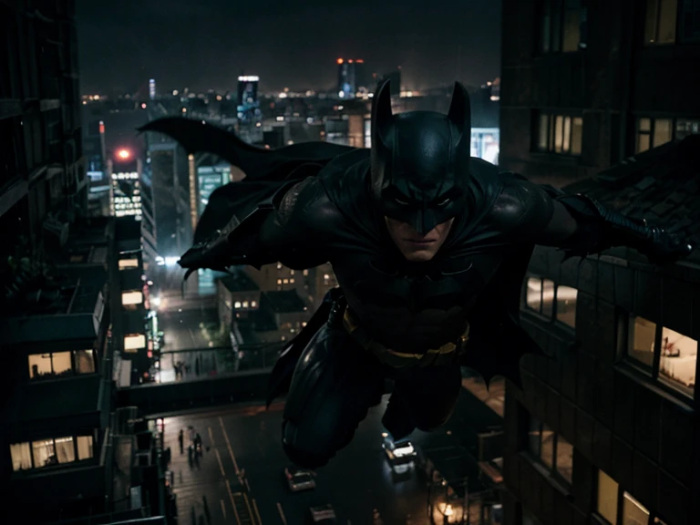 Envision a cinematic scene of Batman in the act of protecting Gotham City. Describe the dynamic action as he leaps from a vantage point, his cape billowing in the wind. Capture the gritty details of Gotham's urban landscape, with rain-soaked streets reflecting the neon lights. Emphasize Batman's silhouette against the city skyline, showcasing his iconic presence. Depict the intensity in his eyes and the focused determination as he confronts a threat, perhaps amidst the dark alleyways or on a Gotham rooftop. Convey the atmosphere of suspense and heroism, creating a vivid cinematic image of Batman actively safeguarding the city he calls home.