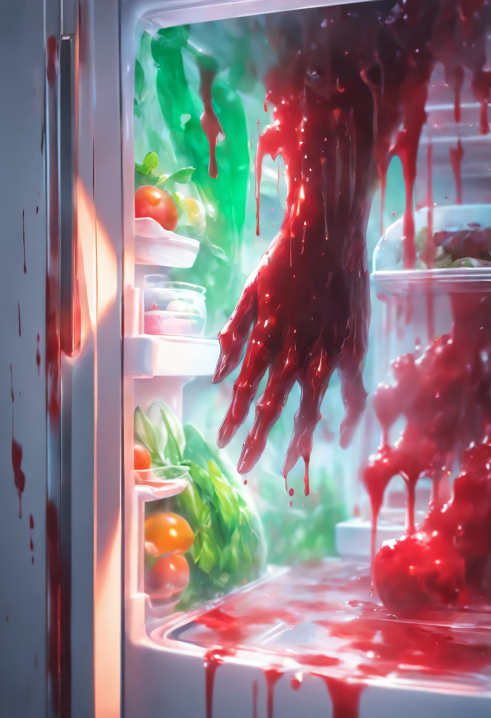 Spooky Kitchen Appliances、((A human hand is sticking out from inside the pure white refrigerator.、Bloody))、Masterpiece、best composition、ultra-definition、Photorealsitic、A hyper-realistic