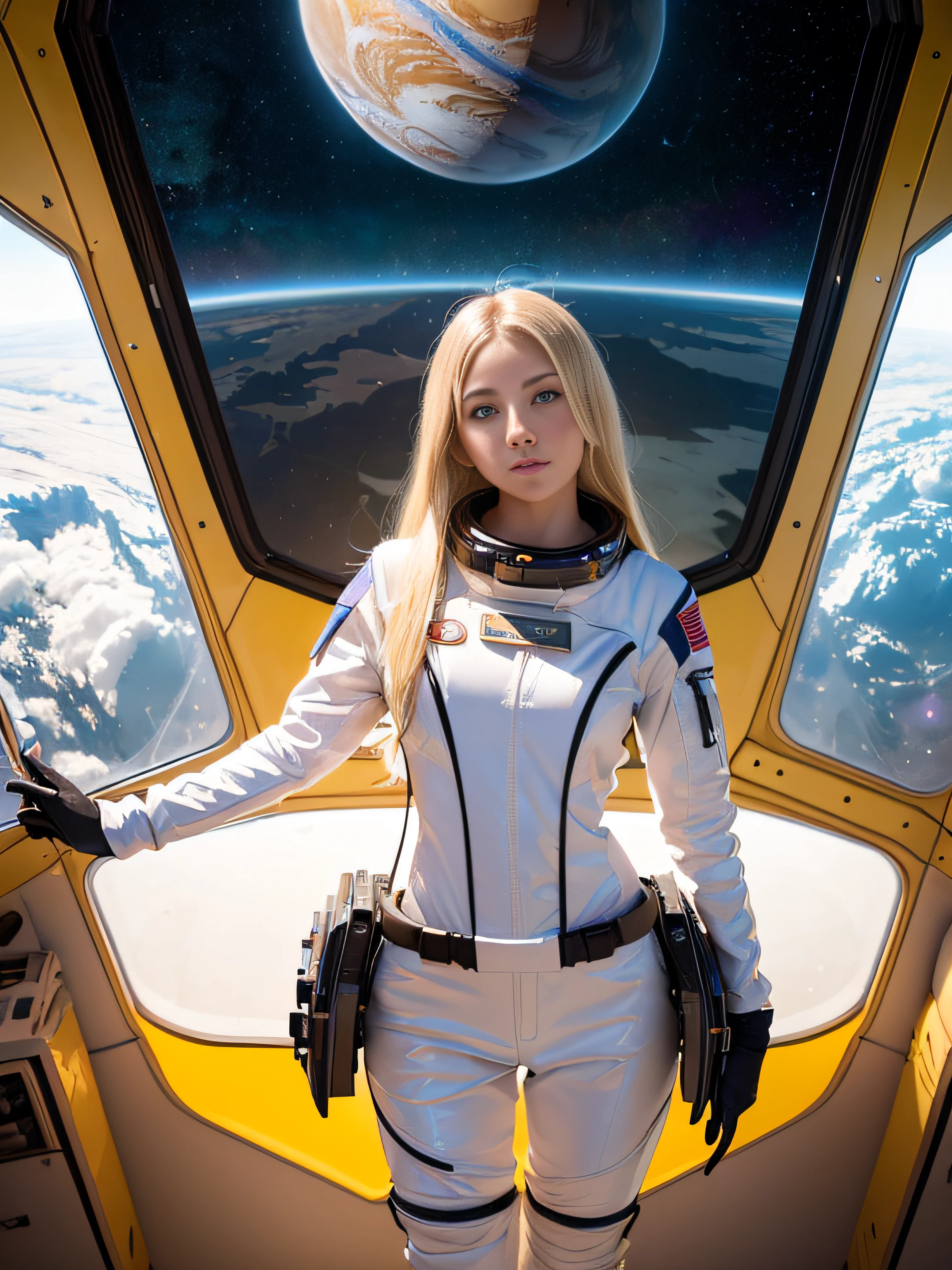 (Young Girl, 16 years old, a blond, Photorealistic, pale skin), (yellow (Eyes:1.2)), (slim build:1.3), (Fantasy spacesuit), Beautiful face, Symmetrical face, Greg Rutkowski, WLOP and Sam Kuvshinov, (Long hair), Blonde eyelashes, Large iris, Big pupils, Full body, Stand on the background of the cosmodrome, art  stations, 8K, Science fiction, Pastel colors, props, panel, Concept, Futuristic, Gribble, Simon Starenhug, spaces, In outer space, Spaceship in the Sky, Technological Blocks